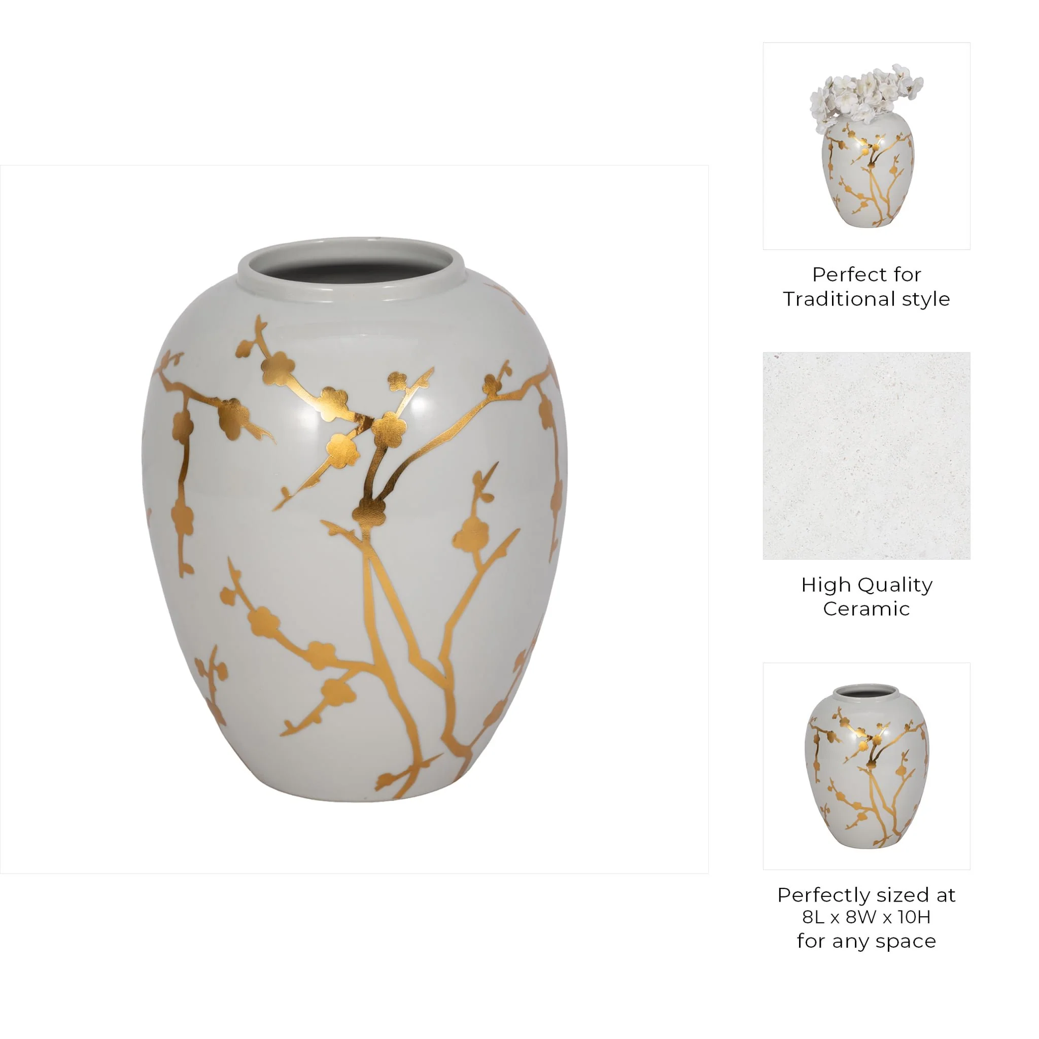 Cer 10"h, Vase W/ Gold Decal, White - Image 9