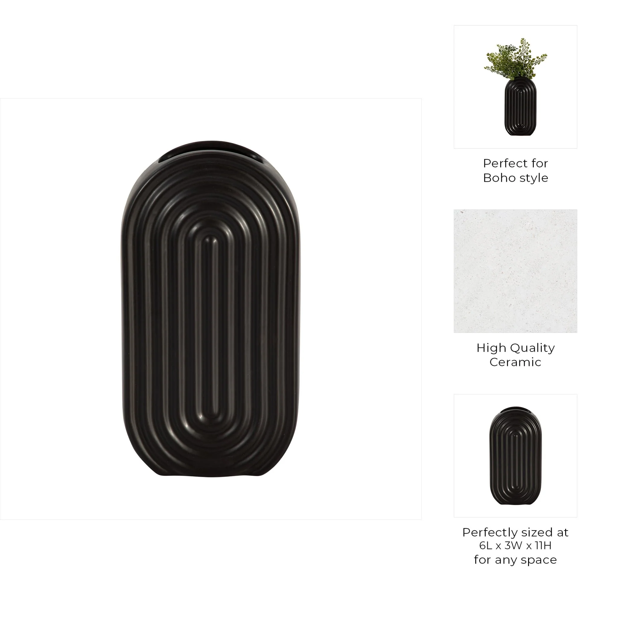 Cer, 11" Oval Ridged Vase, Black - Image 9
