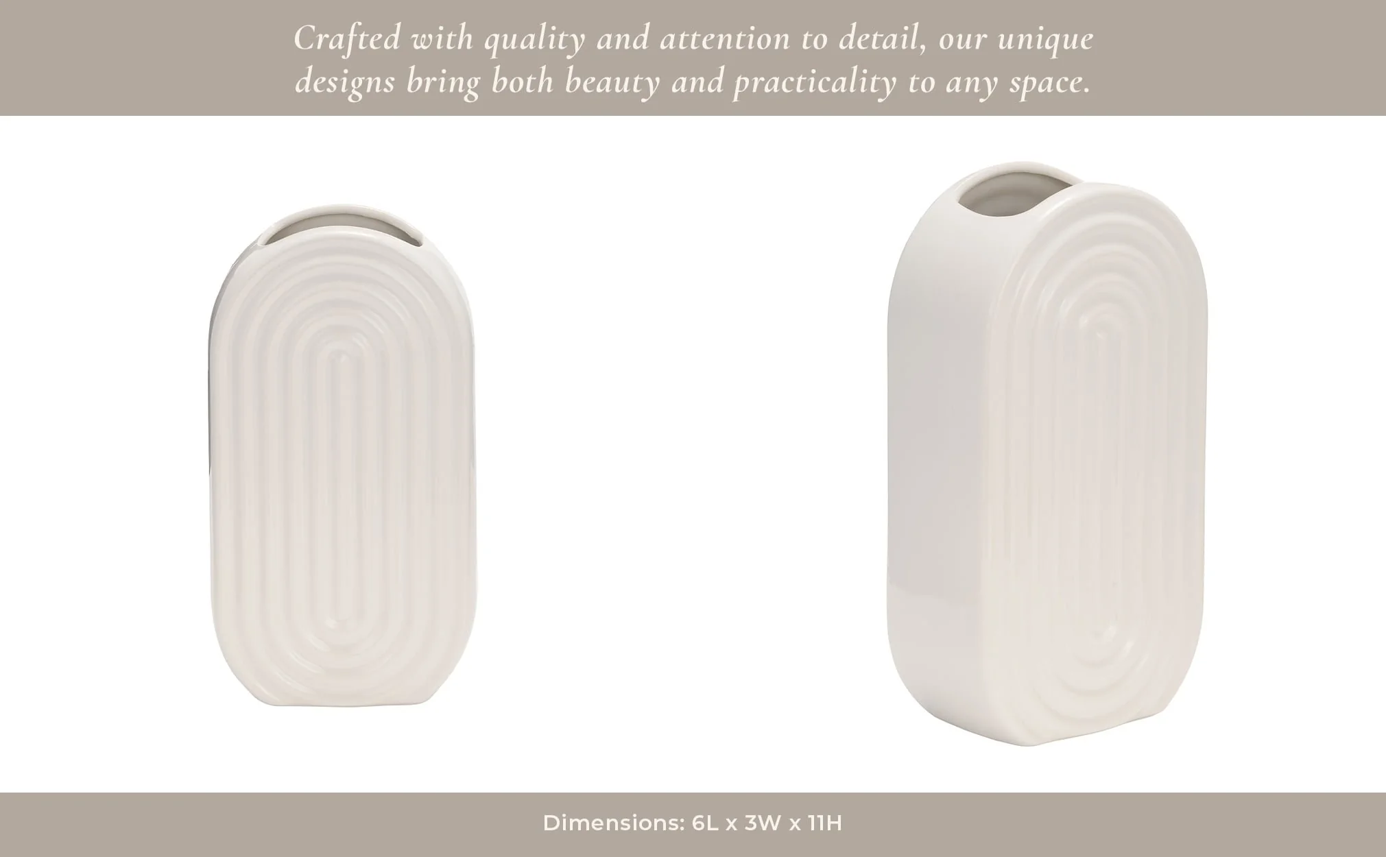 Cer, 11" Oval Ridged Vase, White - Image 12