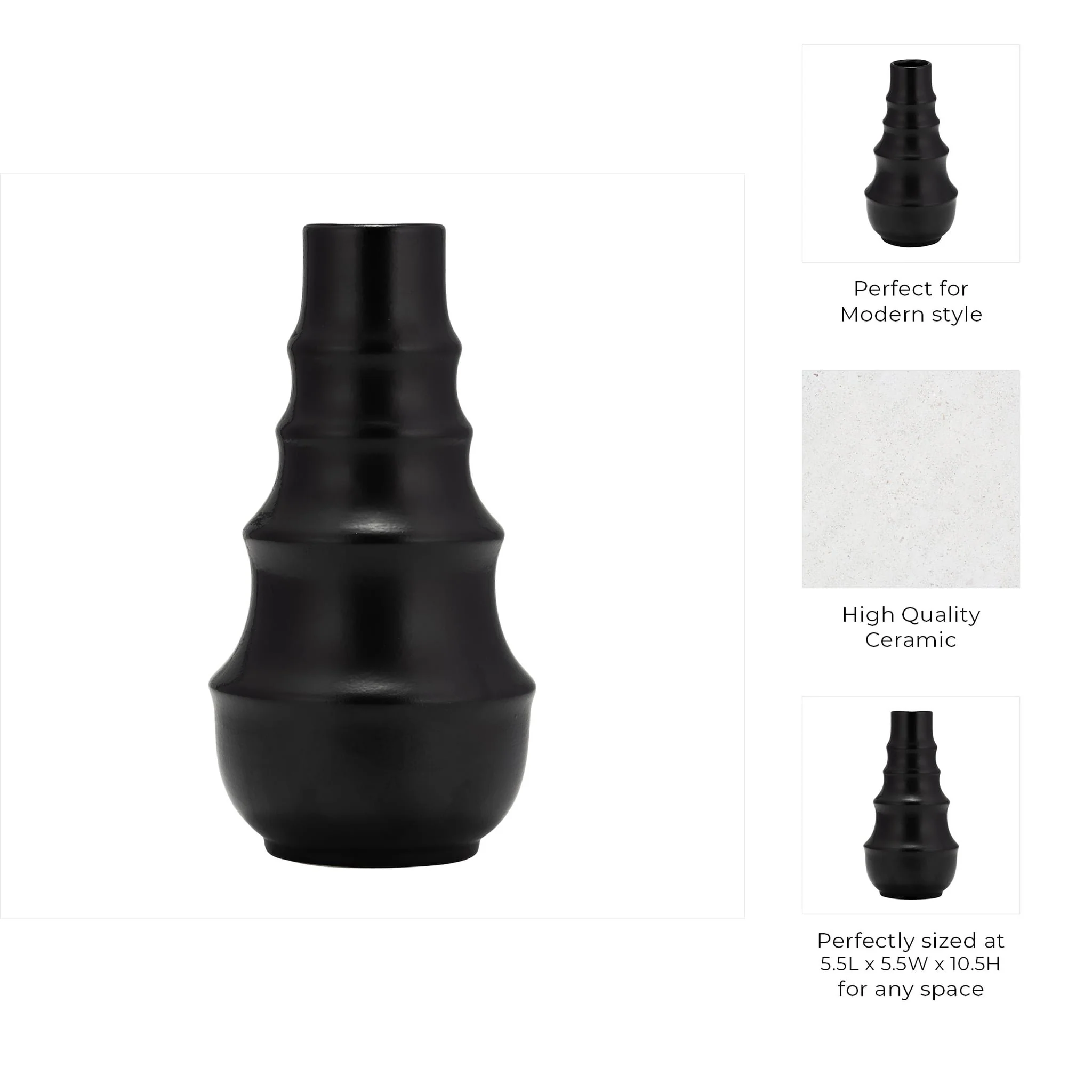 Cer,11" Ring Pattern Vase,black - Image 8