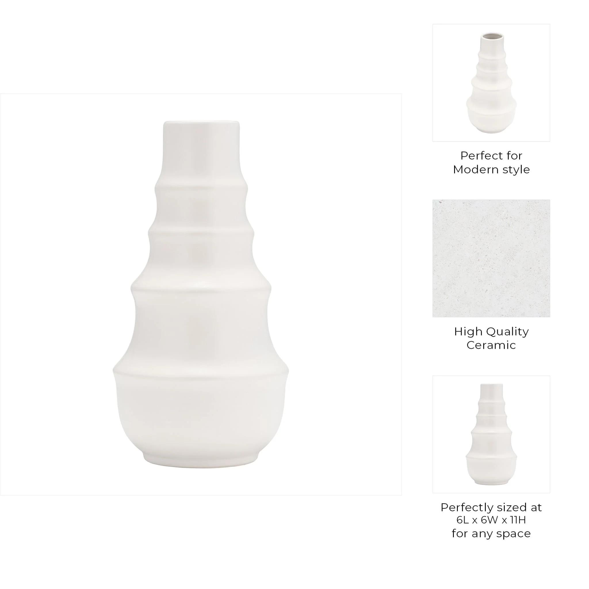 Cer,11",ring Pattern Vase,white - Image 8