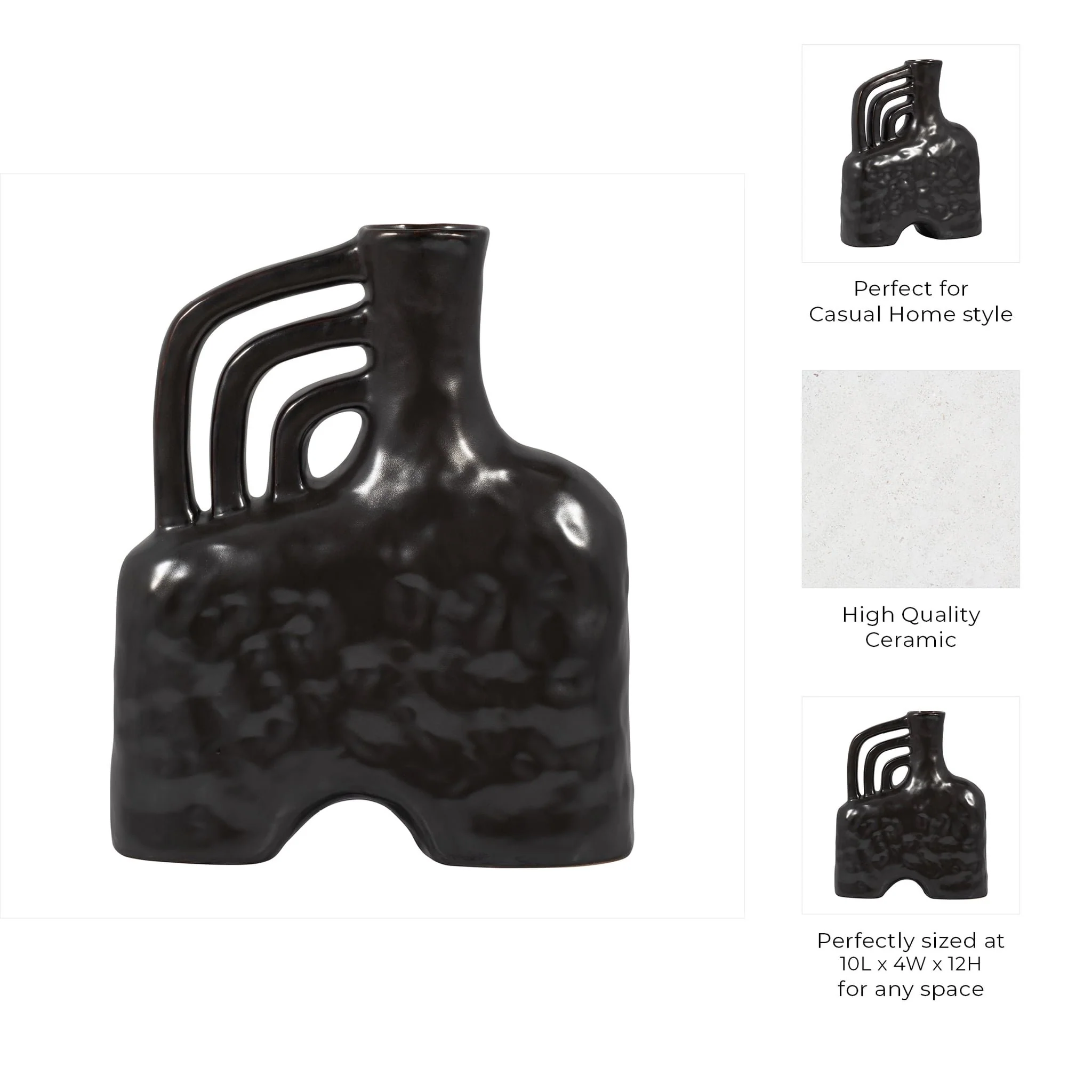 Cer, 12" Metallic Triple Handle Vase, Black - Image 9