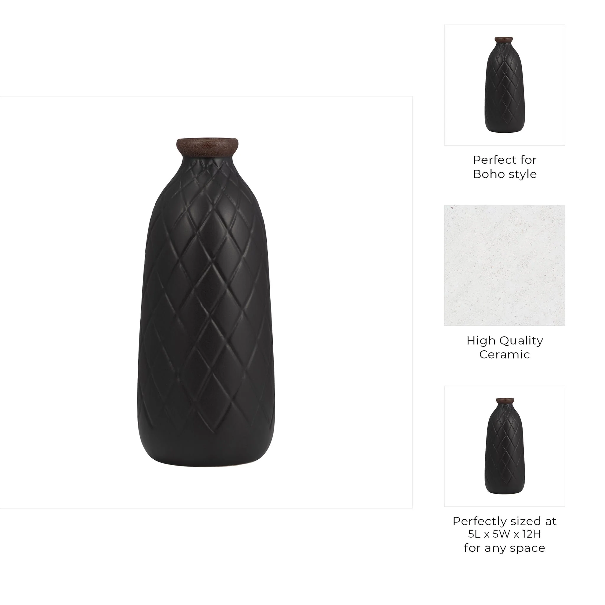 Cer, 12" Plaid Textured Vase, Black - Image 9