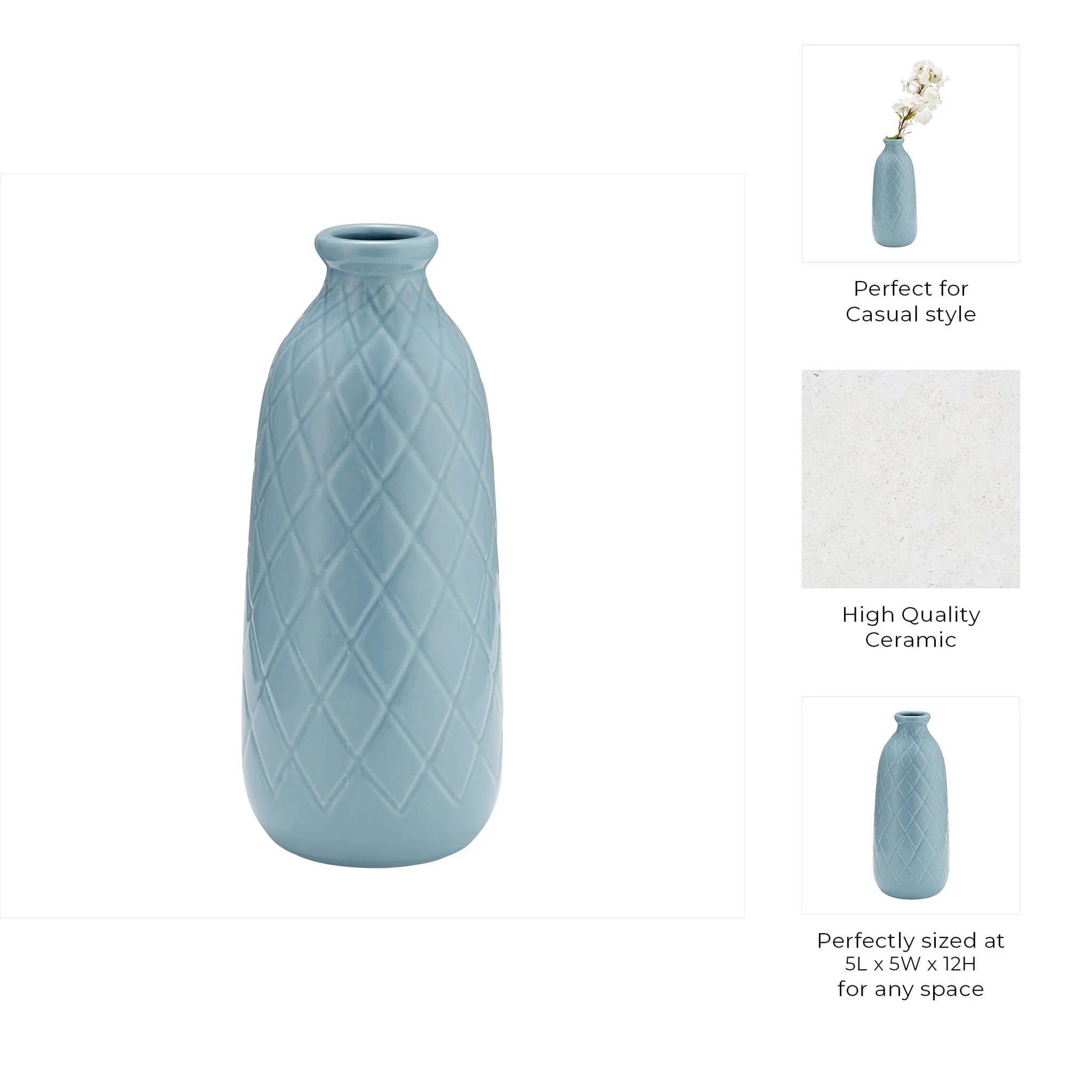 Cer, 12" Plaid Textured Vase, Cameo Blue - Image 7