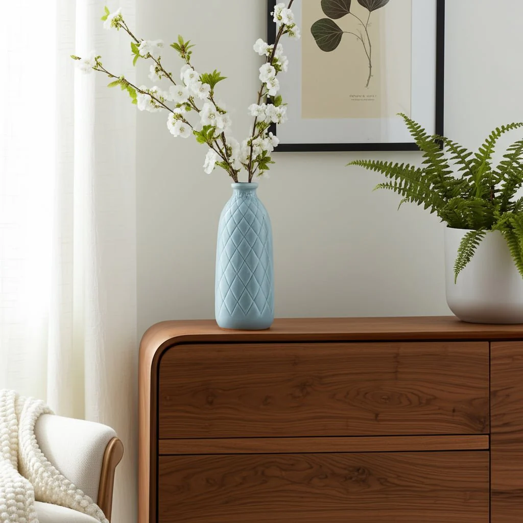 Cer, 12" Plaid Textured Vase, Cameo Blue - Image 9