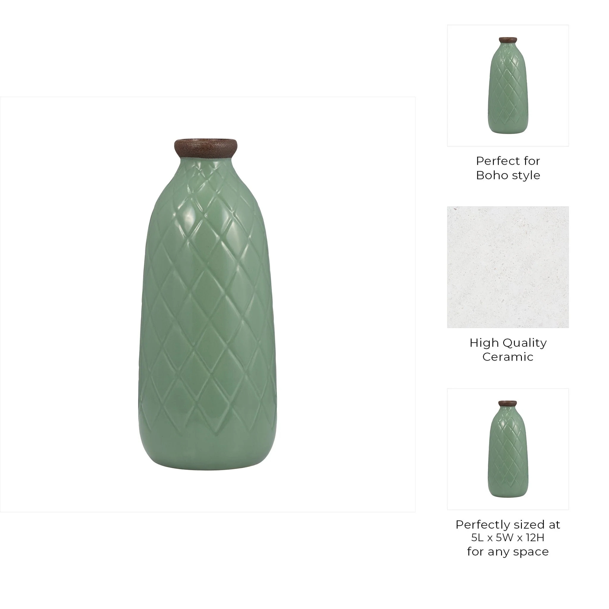Cer, 12" Plaid Textured Vase, Dark Sage - Image 9