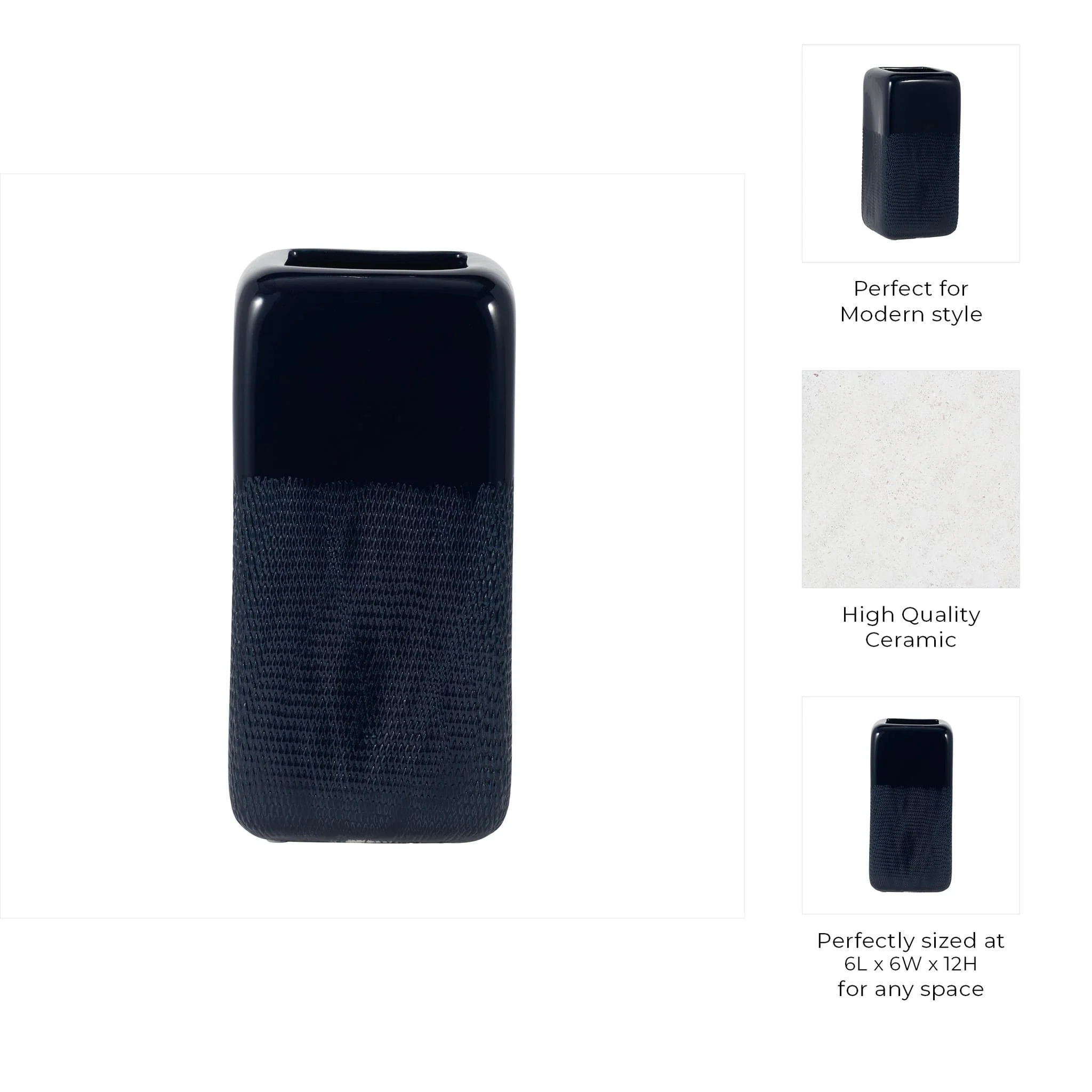Cer, 12" Squared Grooved Vase, Navy Blue - Image 8