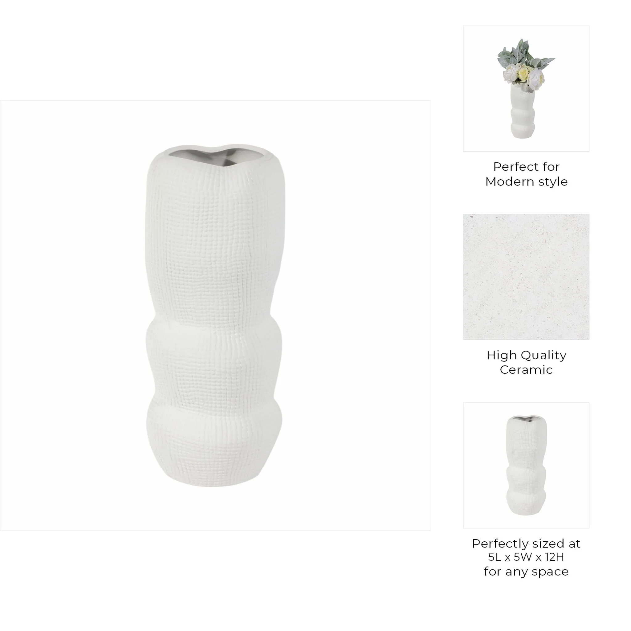 Cer, 12" Waffle Texture Organic Vase, White - Image 9