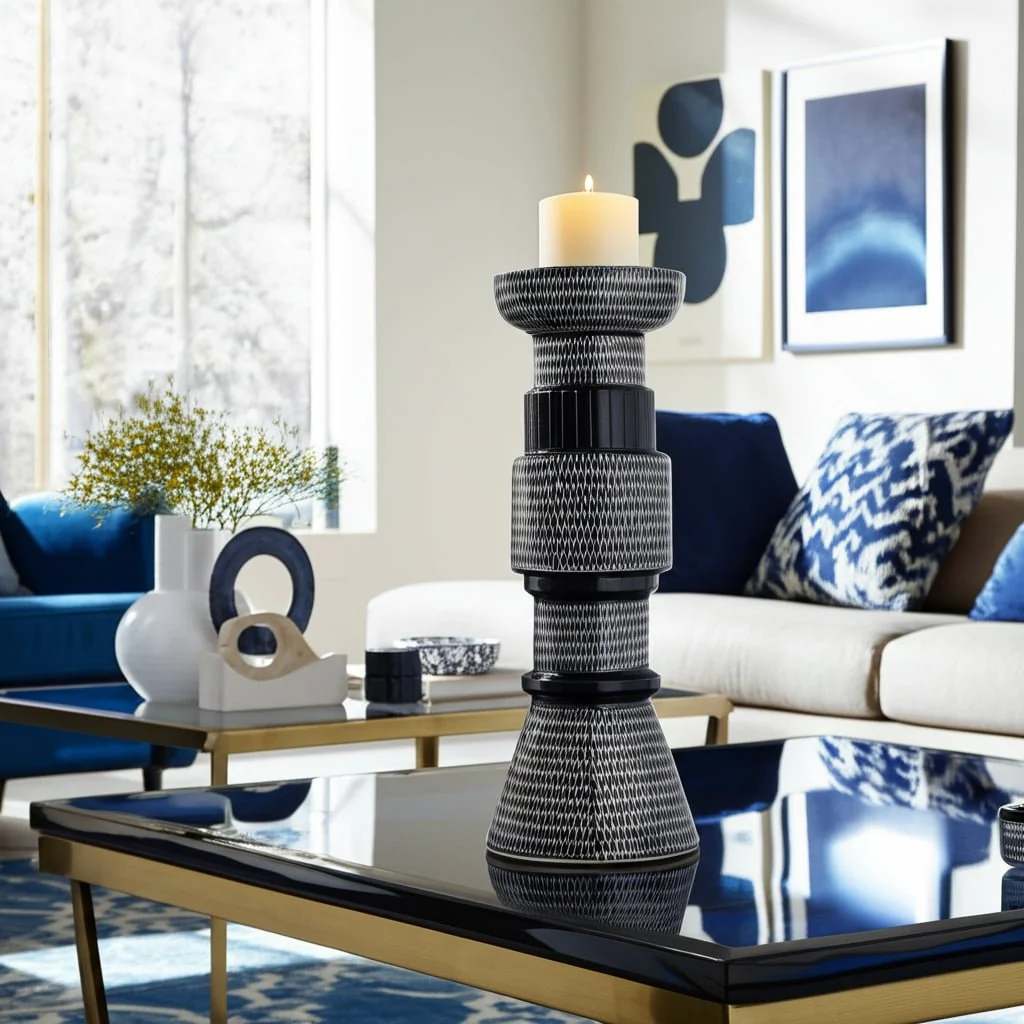 Cer,12"dotted Pillar Candle Holder,nvy Blue/cotton - Image 12