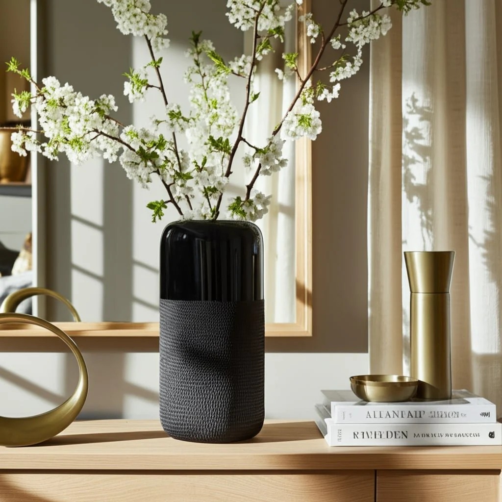 Cer, 12"h Grooved Vase, Black - Image 9