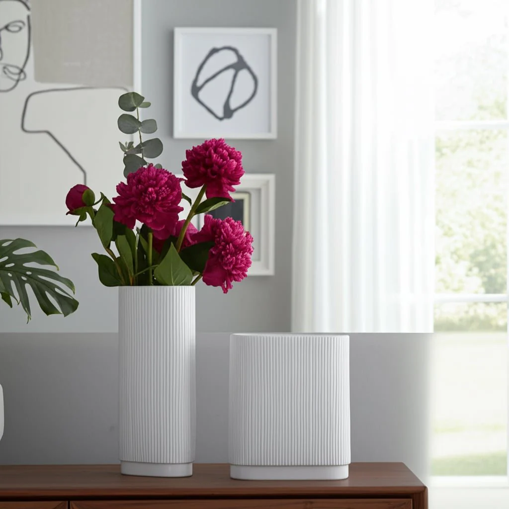 Cer, 12"h Ridged Vase, White - Image 10