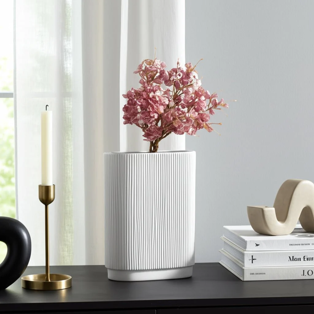 Cer, 12"h Ridged Vase, White - Image 11
