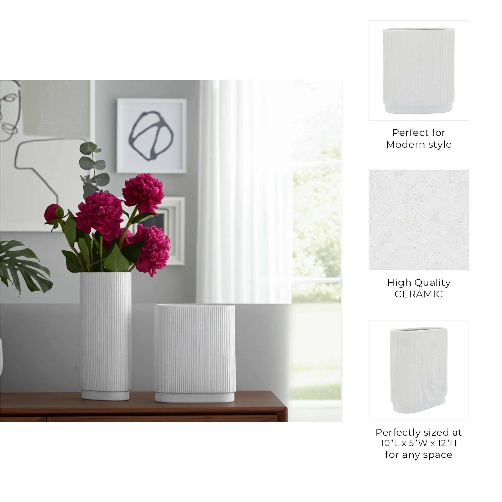 Cer, 12"h Ridged Vase, White - Image 9