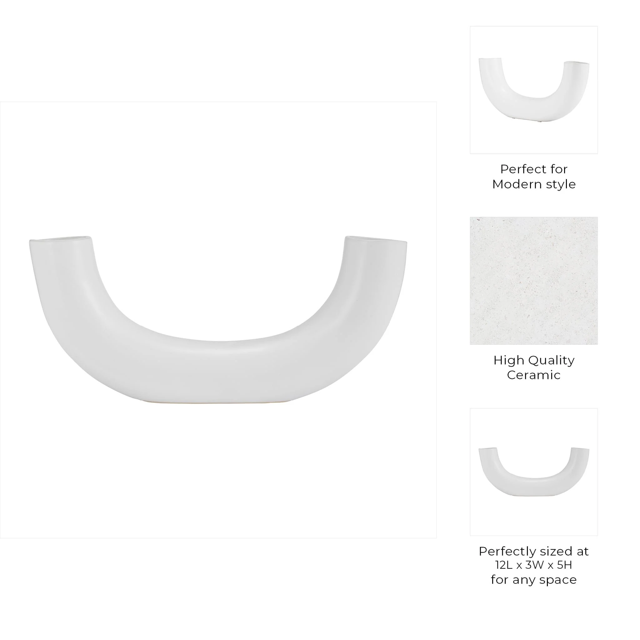 Cer, 12"l Half Circle Vase, White - Image 8