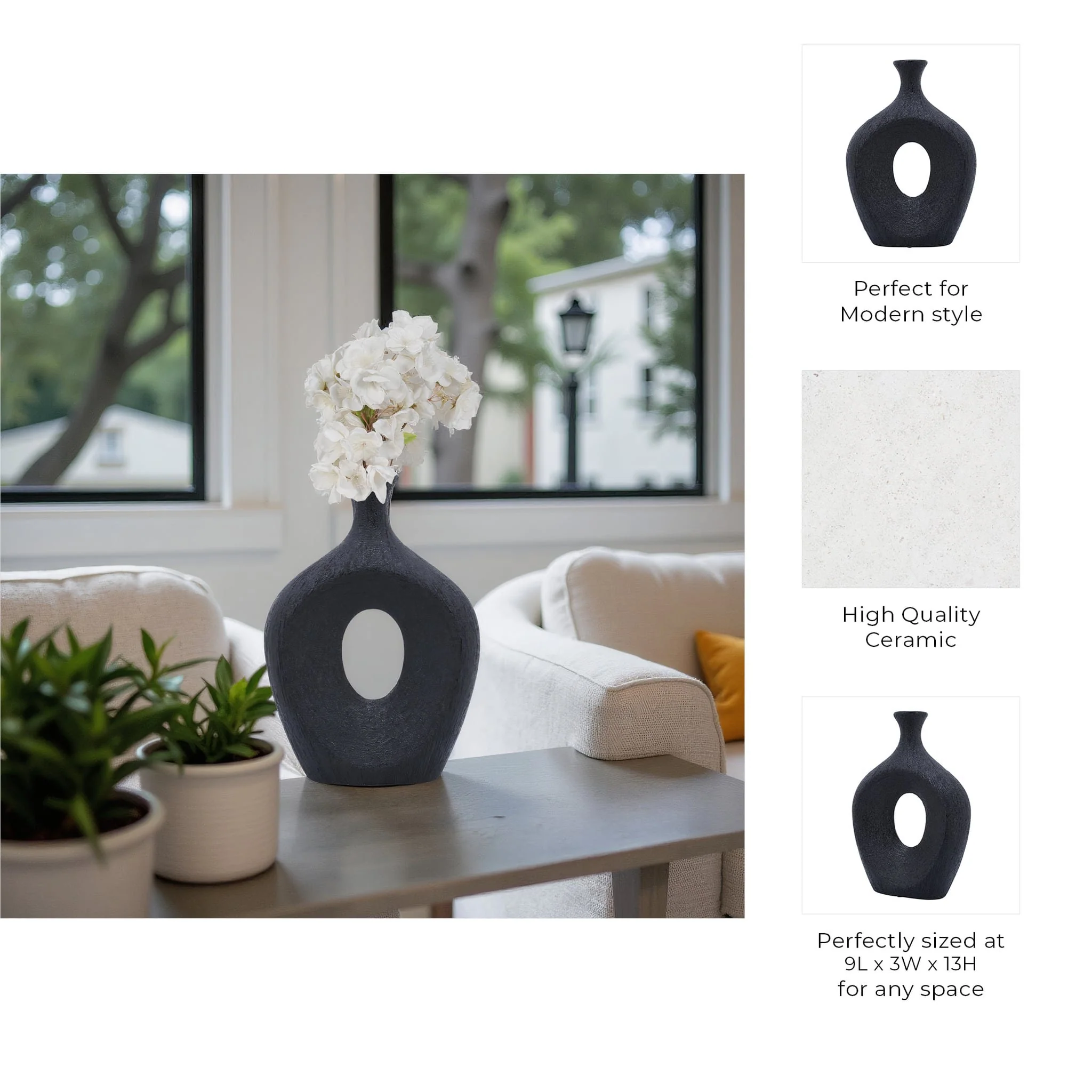 Cer, 13" Beaded Oval Vase Cut-out, Black - Image 8