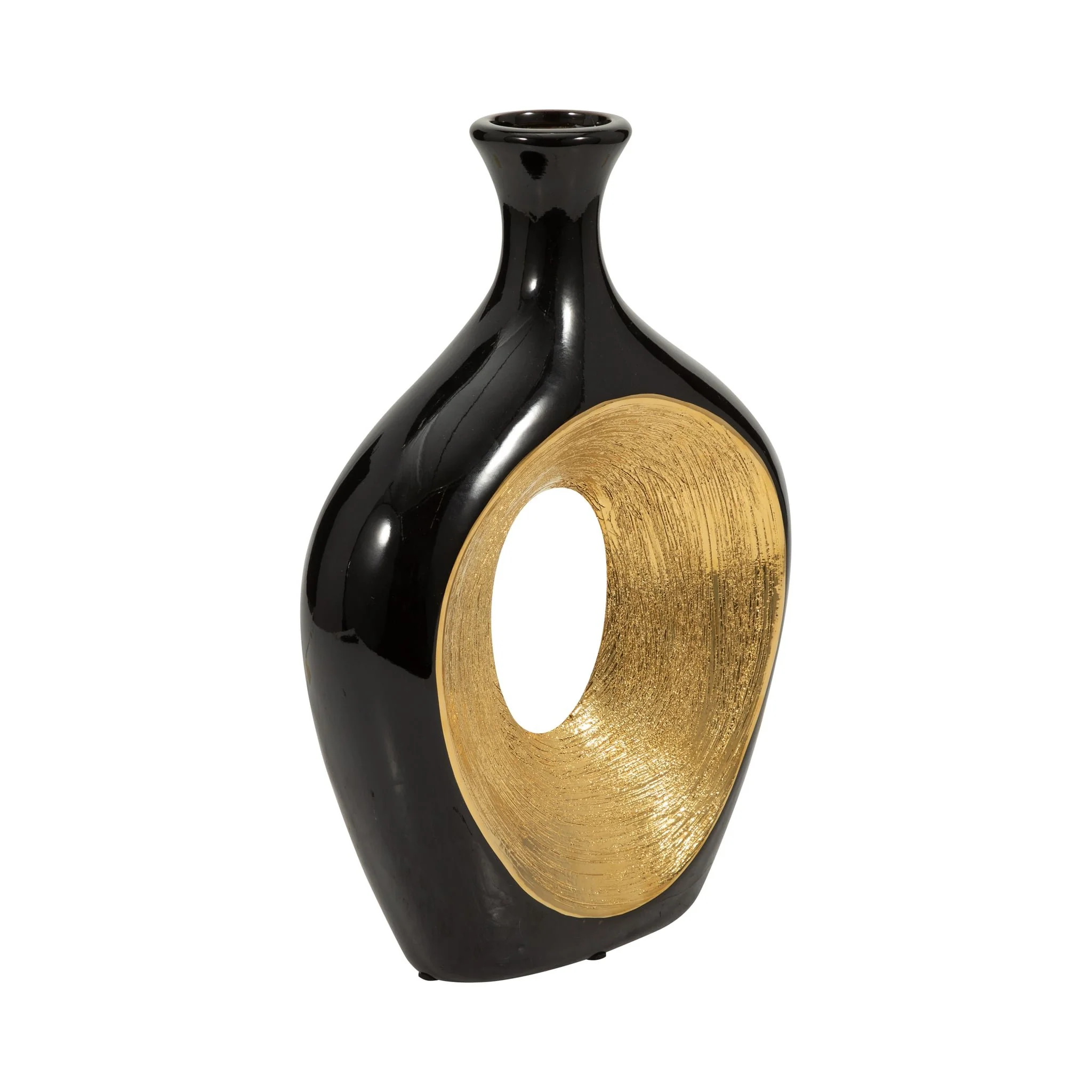 Cer, 13"h 2-tone Scratched Oval Vase, Blk/gld - Image 2