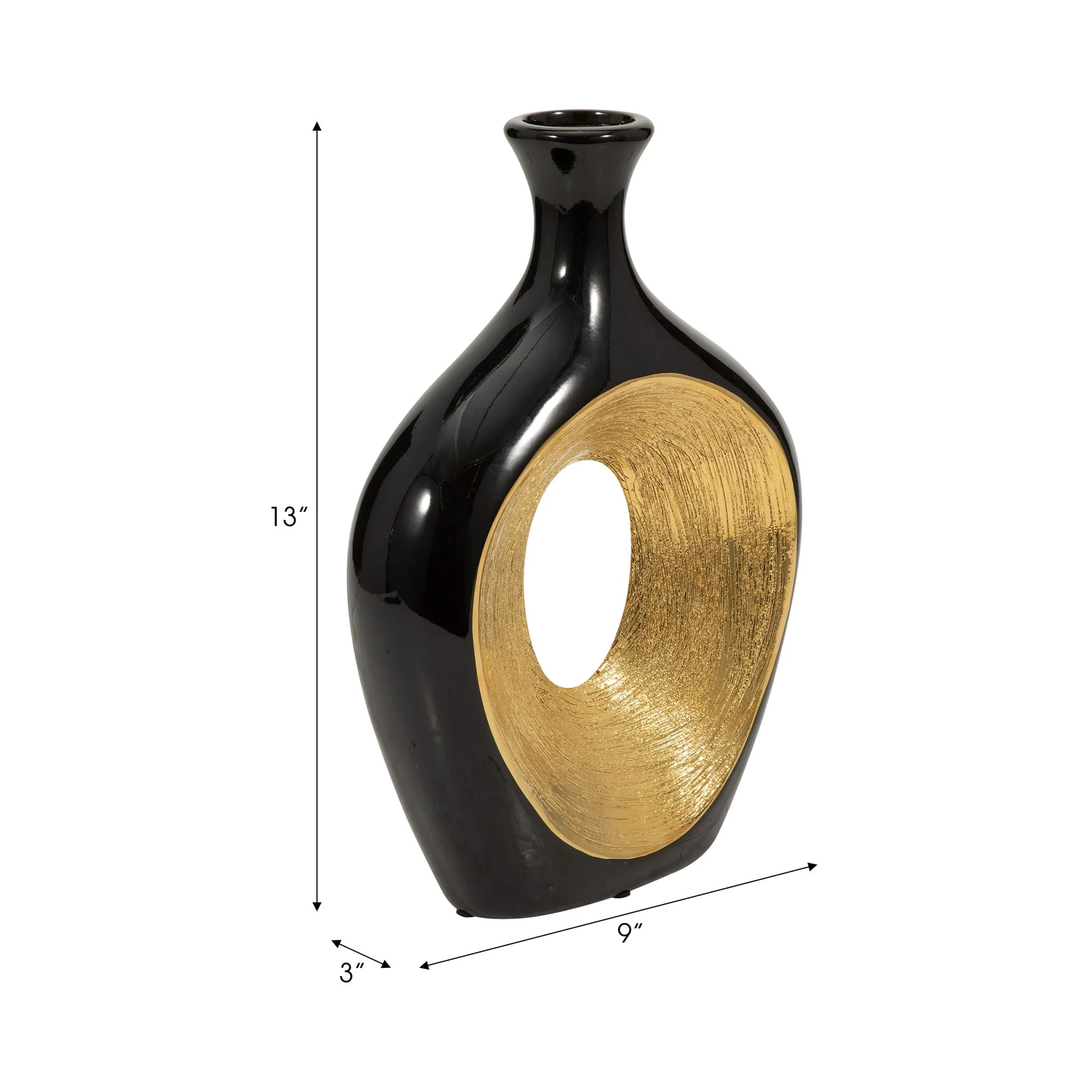 Cer, 13"h 2-tone Scratched Oval Vase, Blk/gld - Image 7