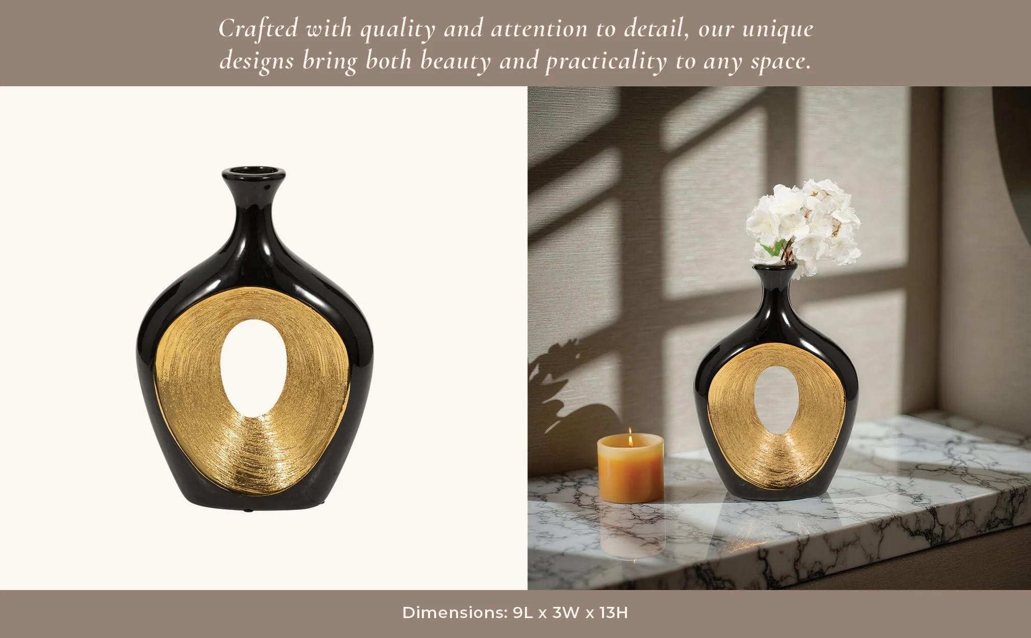 Cer, 13"h 2-tone Scratched Oval Vase, Blk/gld - Image 9
