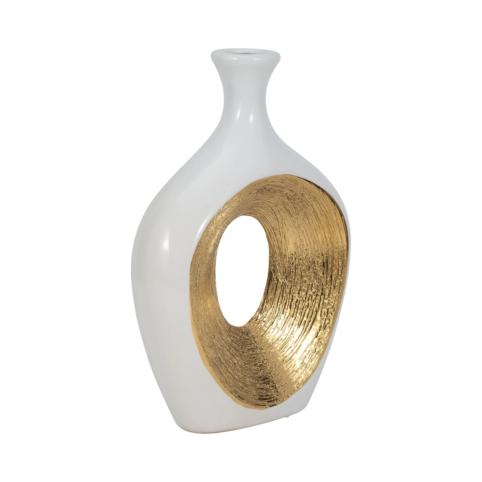 Cer, 13"h 2-tone Scratched Oval Vase, Wht/gld - Image 2