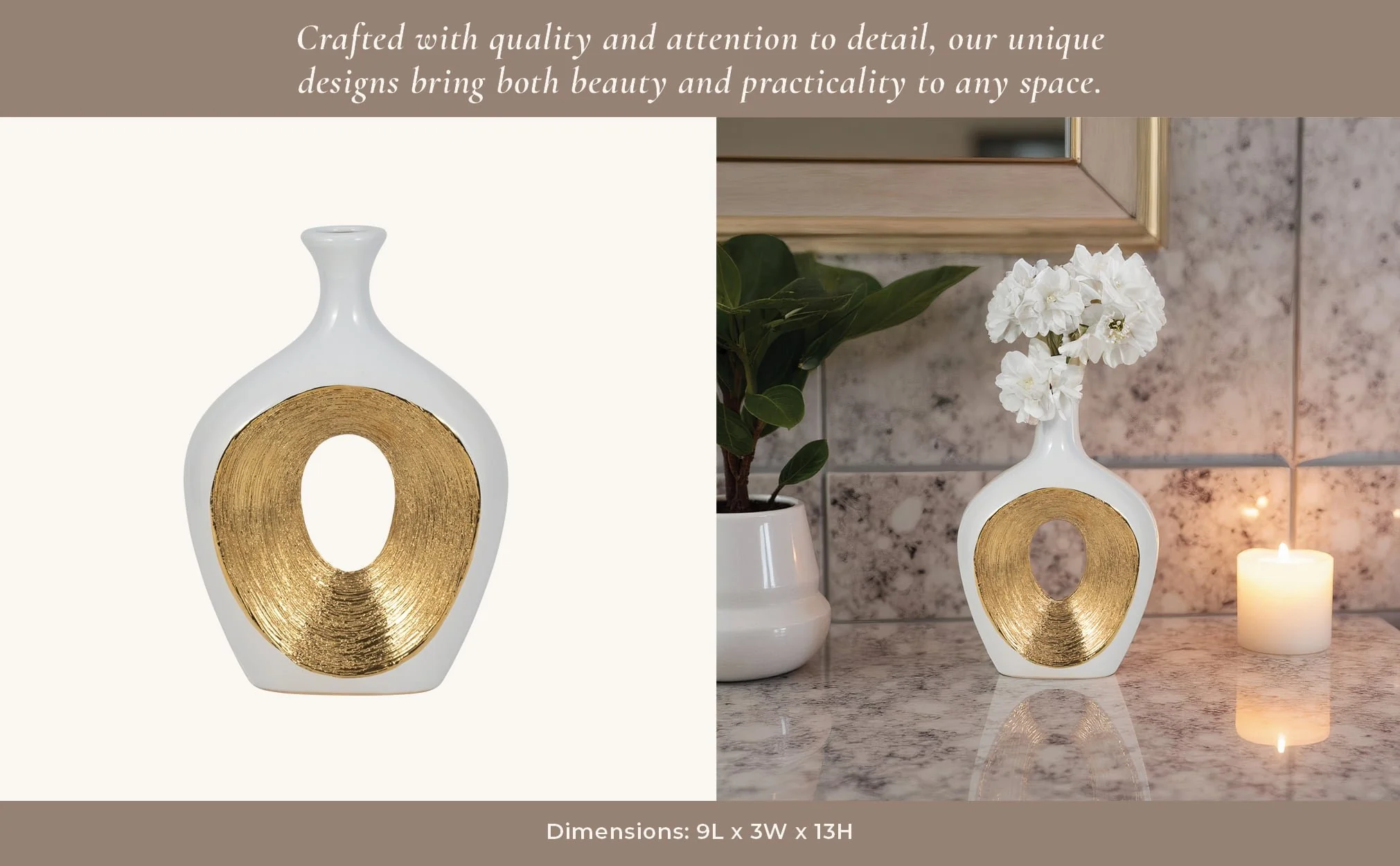 Cer, 13"h 2-tone Scratched Oval Vase, Wht/gld - Image 9