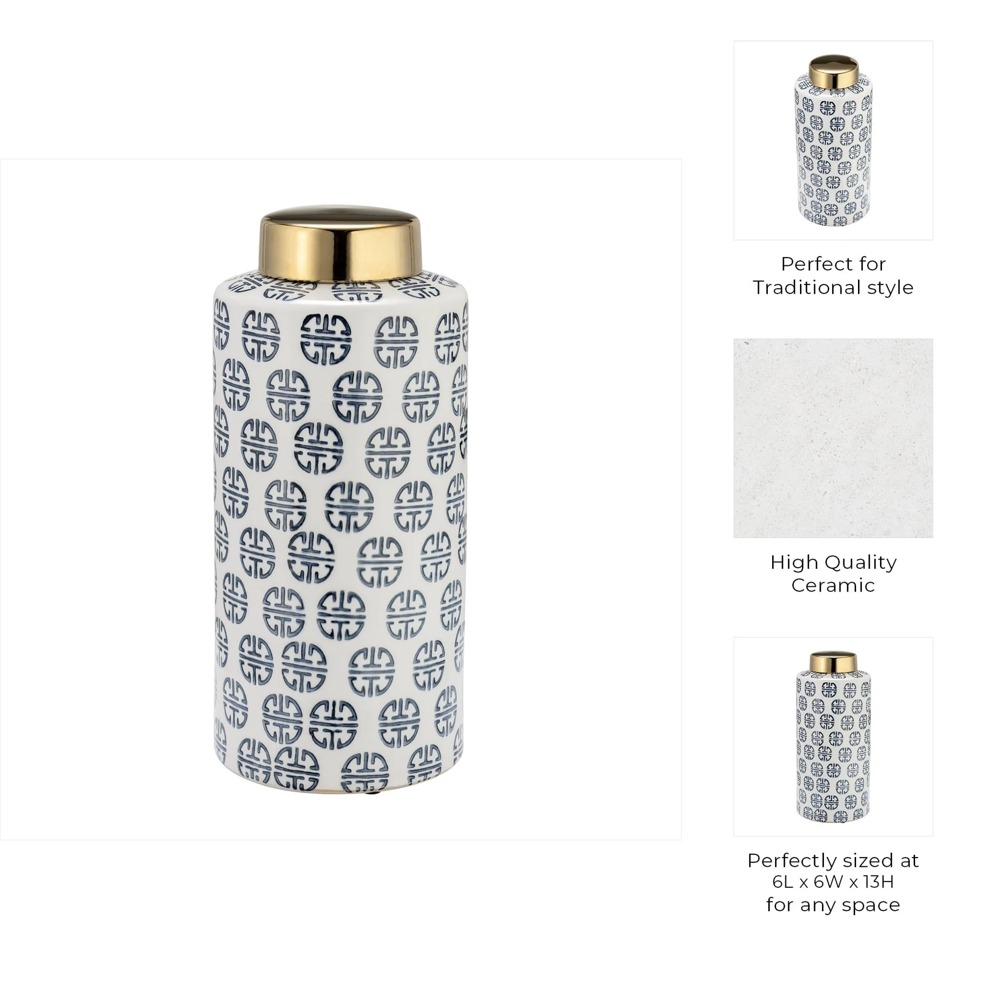 Cer, 13"h Modern Ginger Jar, Navy/white - Image 8