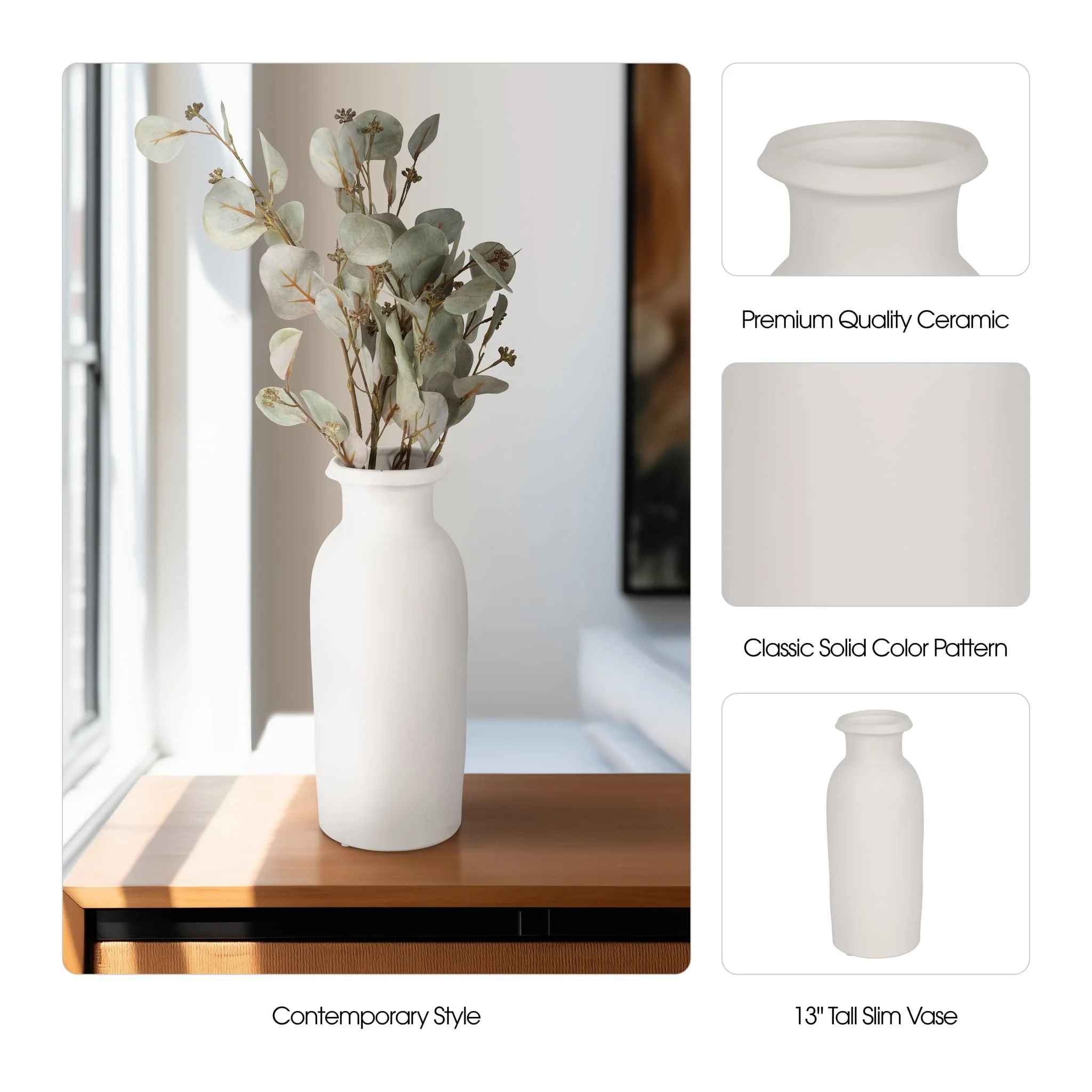 Cer, 13"h Tall Slim Vase, White - Image 8