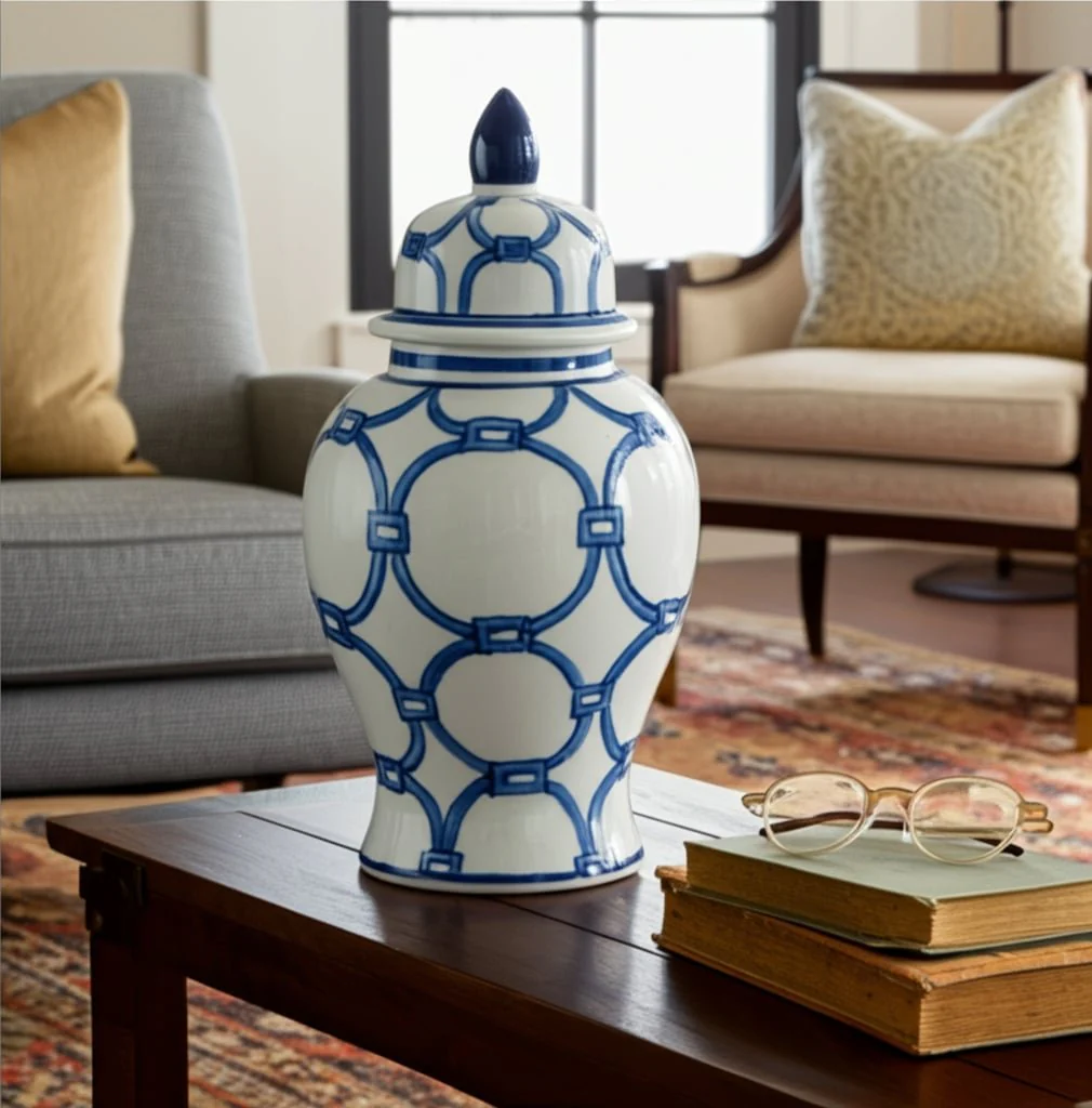 Cer, 14" Links Temple Jar, Blue/white - Image 13