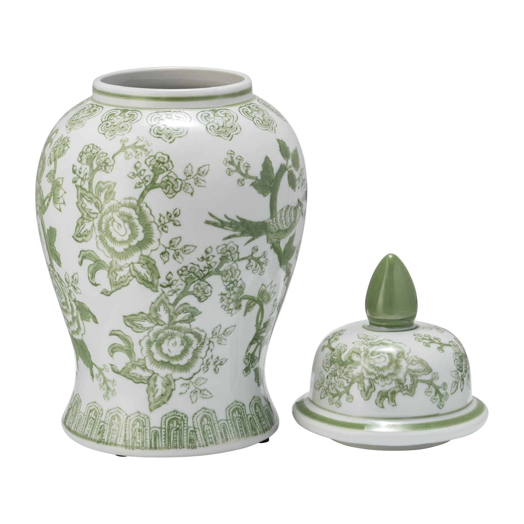 Cer, 14" Temple Jar Bird/flower, Green - Image 3
