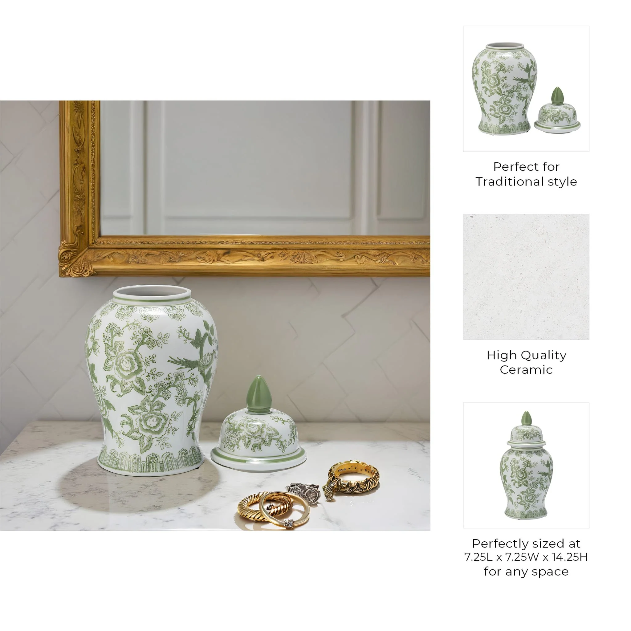 Cer, 14" Temple Jar Bird/flower, Green - Image 8