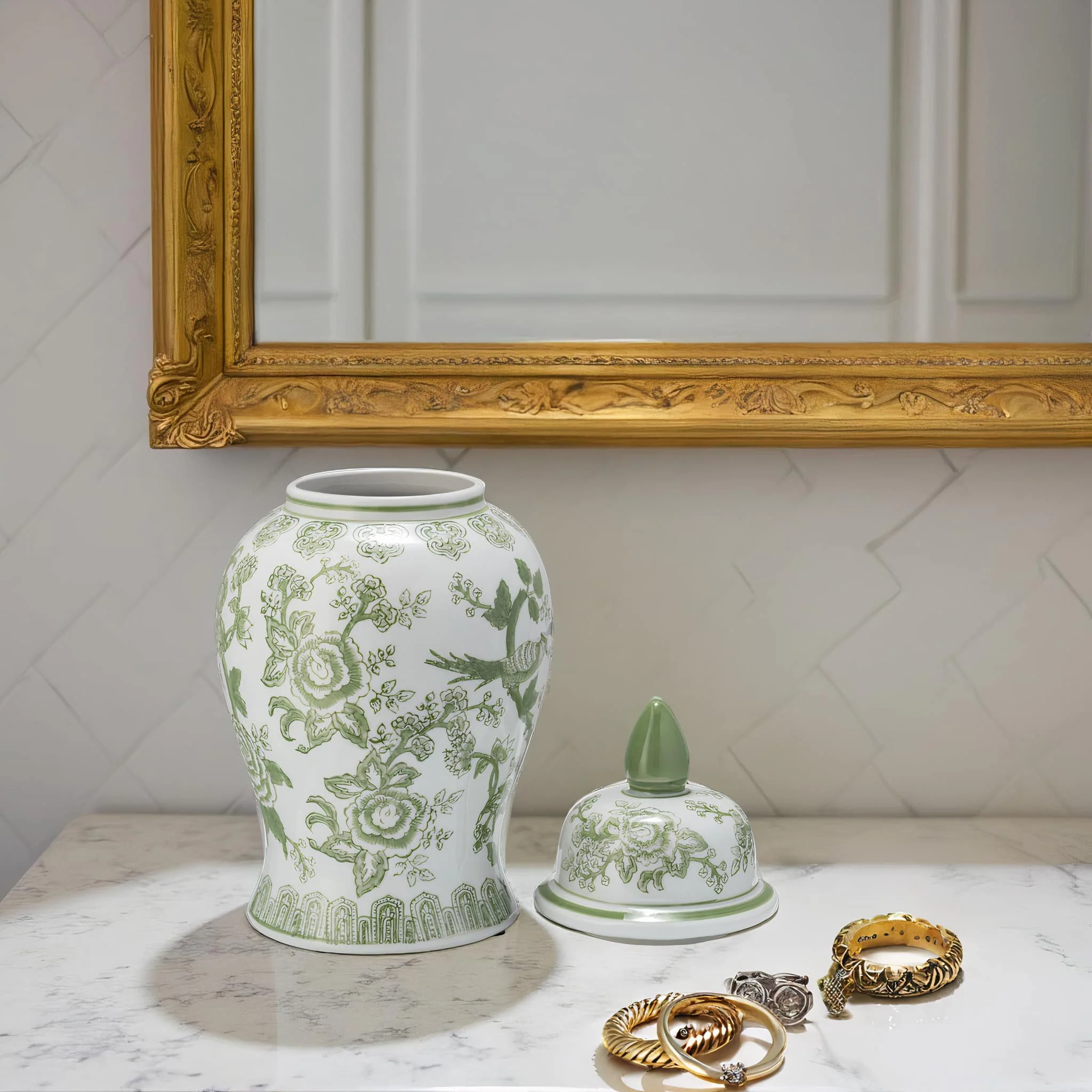 Cer, 14" Temple Jar Bird/flower, Green - Image 9