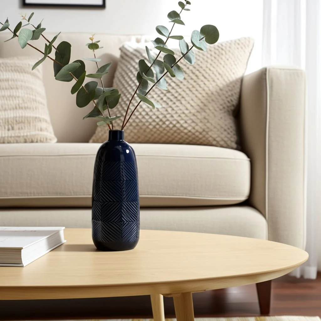 Cer, 14" Textured Lines Vase, Navy - Image 10