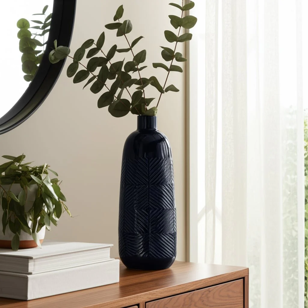 Cer, 14" Textured Lines Vase, Navy - Image 11