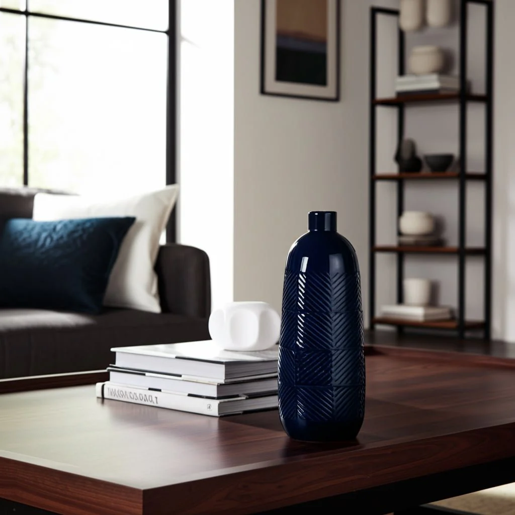 Cer, 14" Textured Lines Vase, Navy - Image 12