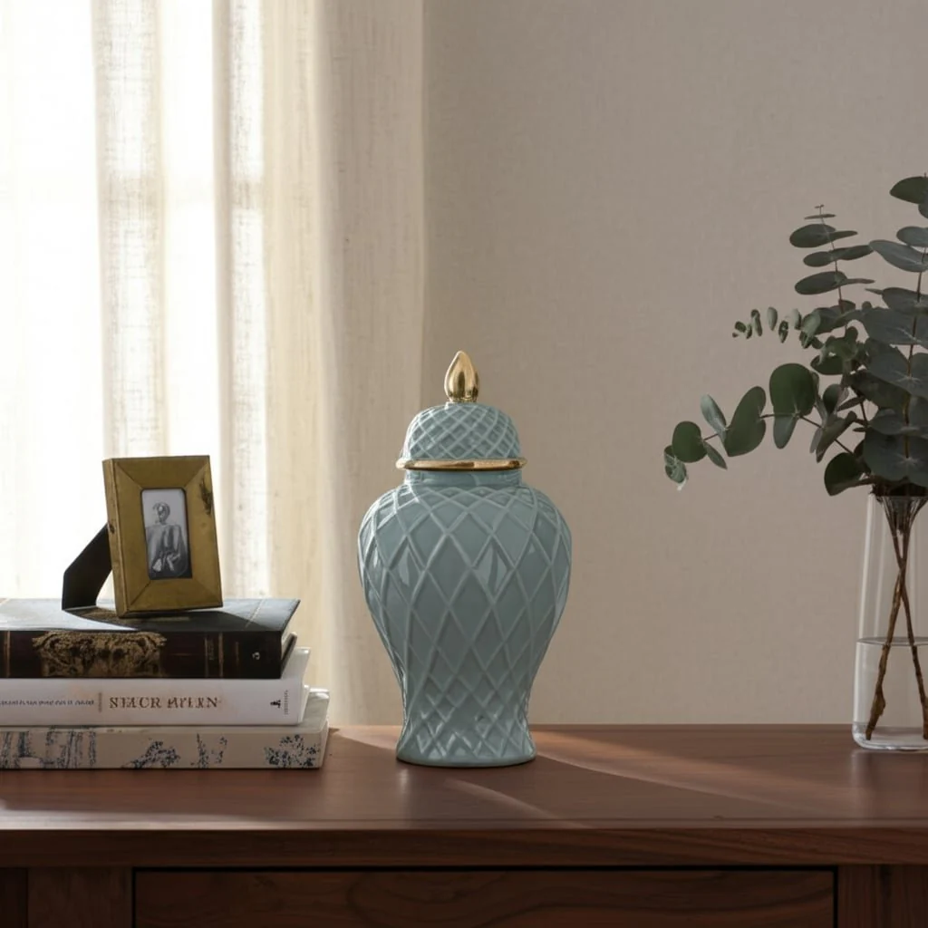 Cer, 14"h Rope Temple Jar, Blue/gold - Image 10