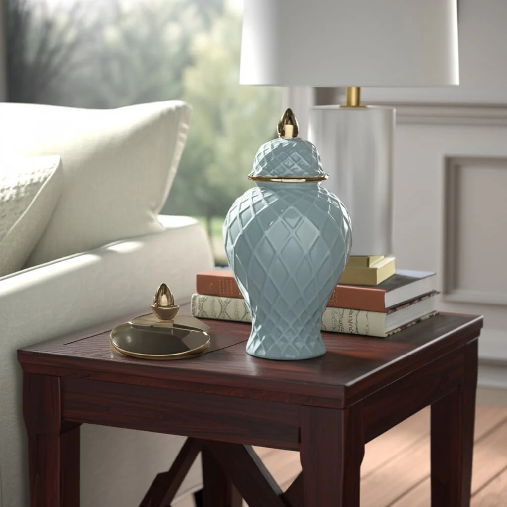 Cer, 14"h Rope Temple Jar, Blue/gold - Image 12