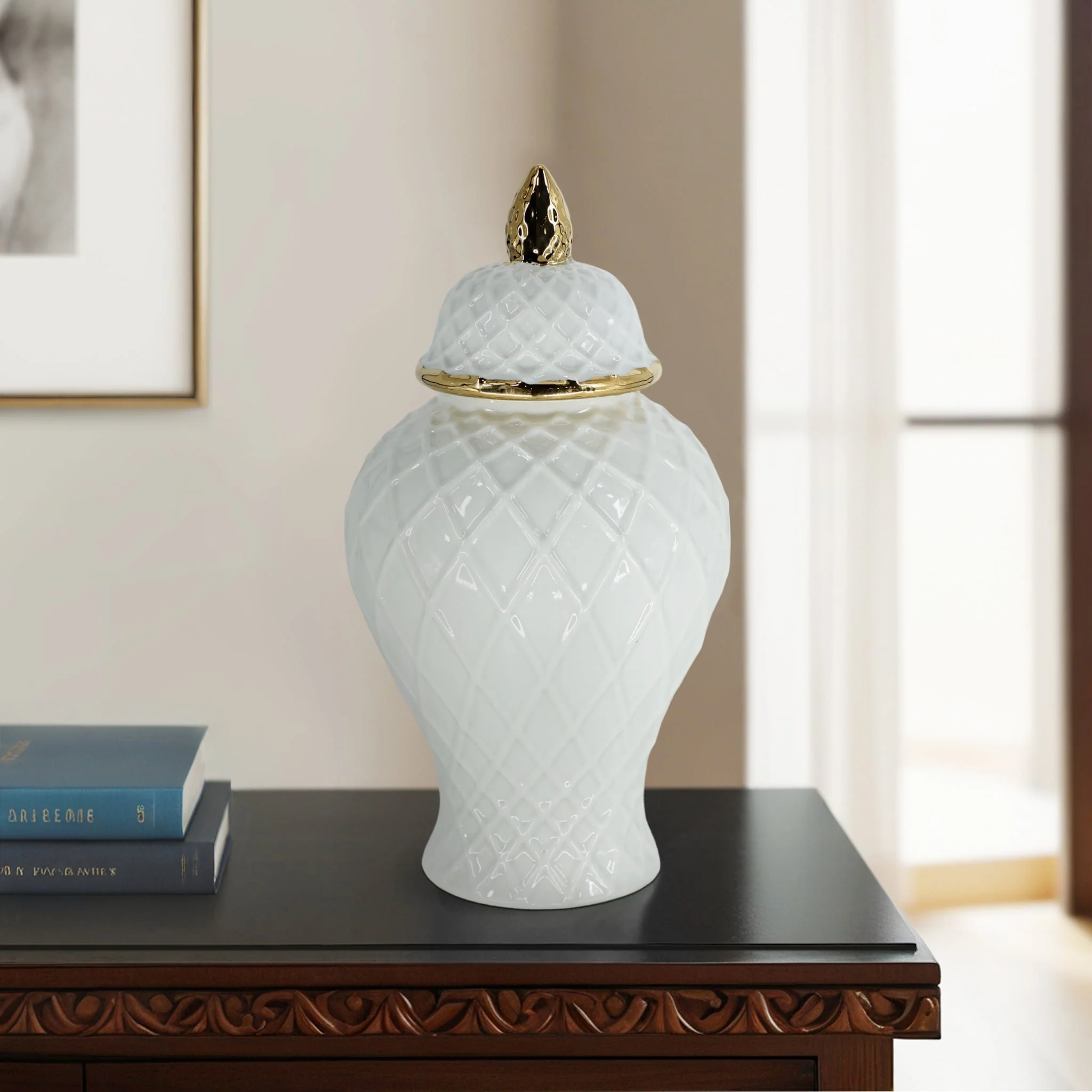 Cer, 14"h Rope Temple Jar, White/gold - Image 11