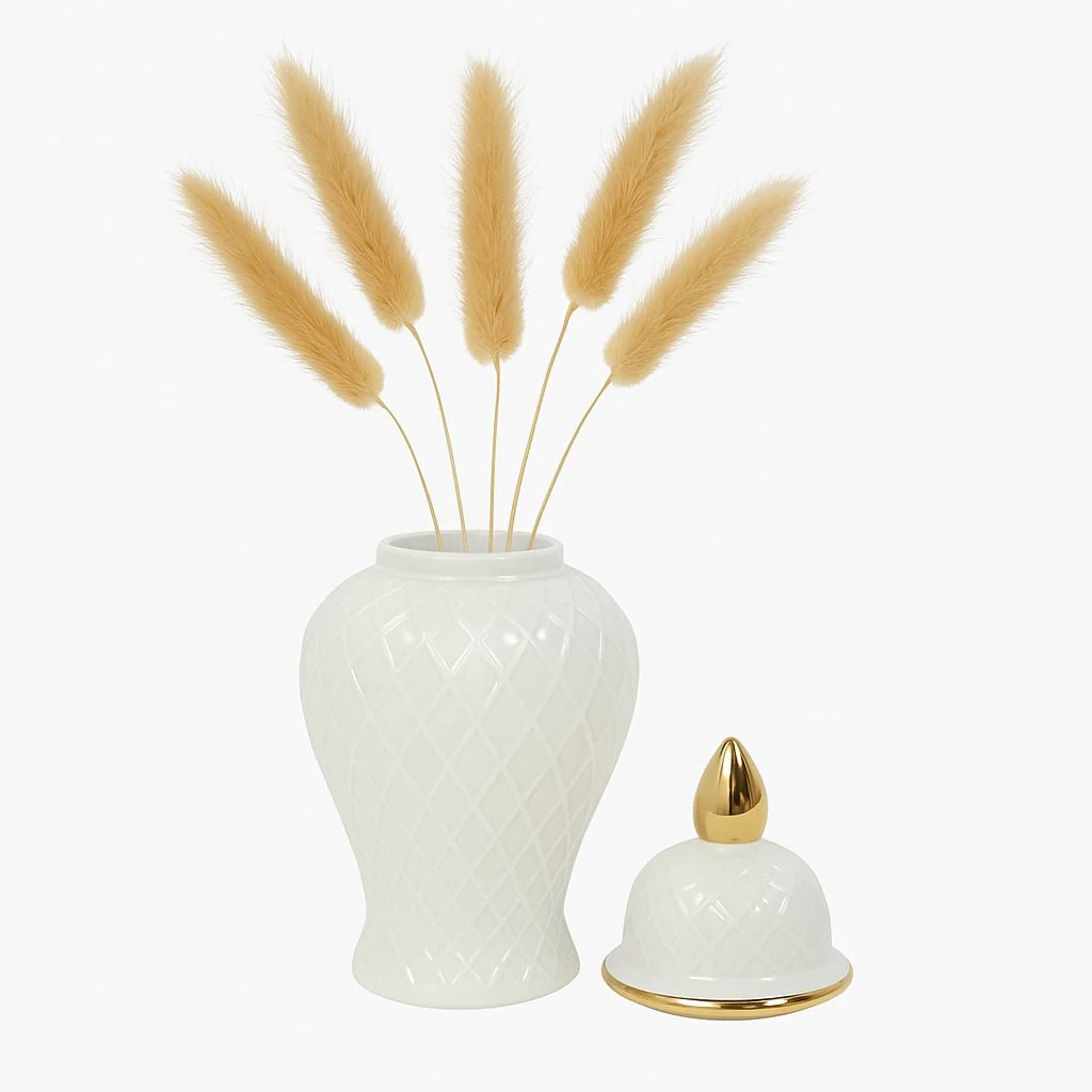 Cer, 14"h Rope Temple Jar, White/gold - Image 2