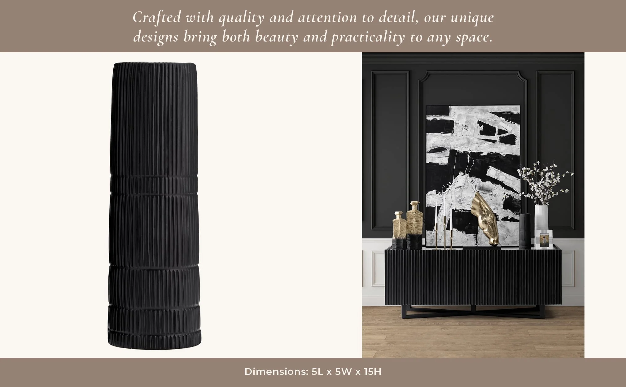 Cer, 15"h Lined Cylinder Vase, Matte Black - Image 11