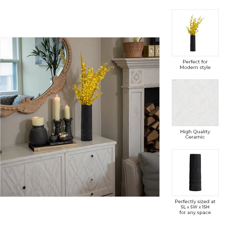 Cer, 15"h Lined Cylinder Vase, Matte Black - Image 7