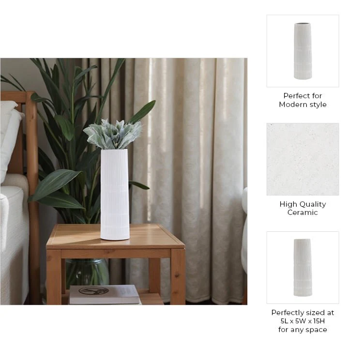 Cer, 15"h Lined Cylinder Vase, White - Image 7