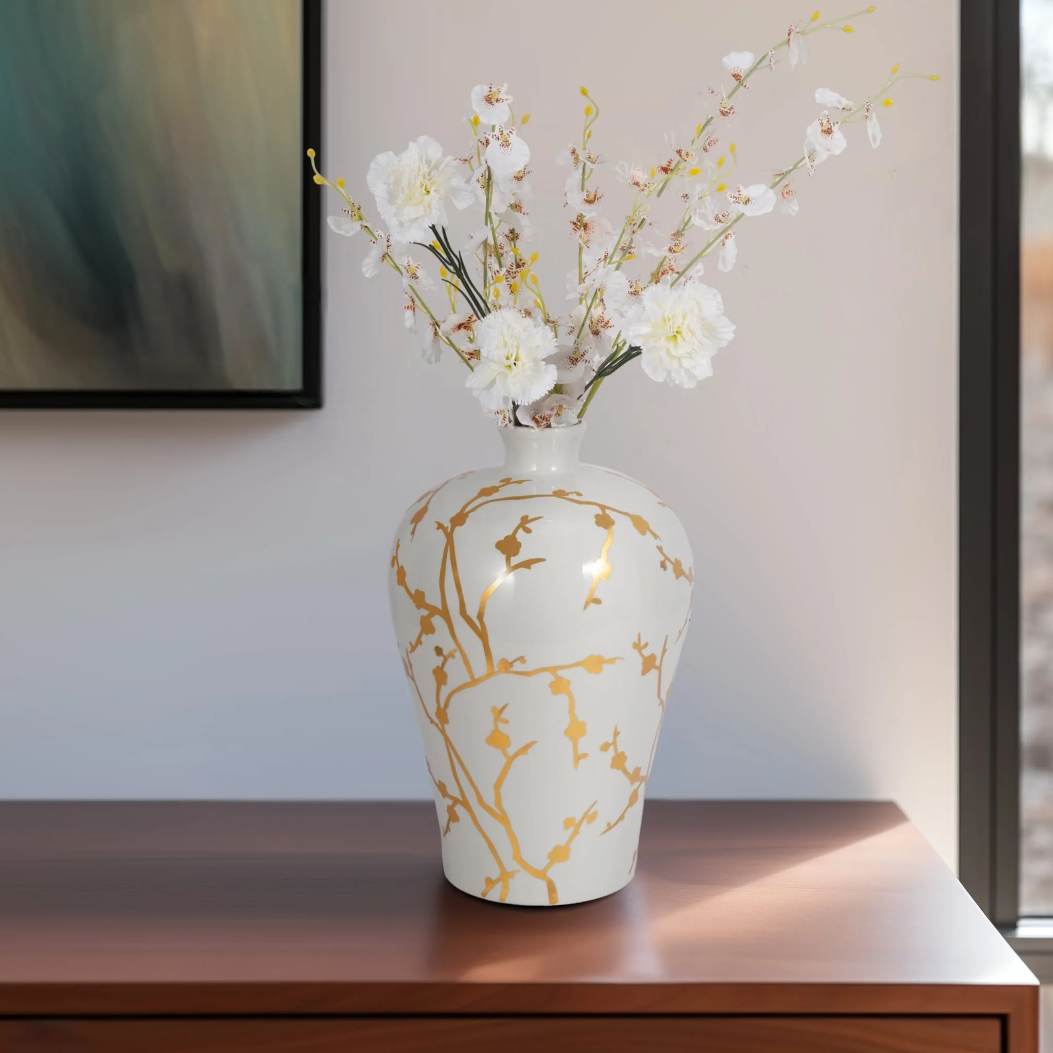 Cer 15"h, Vase W/ Gold Decal, White - Image 10