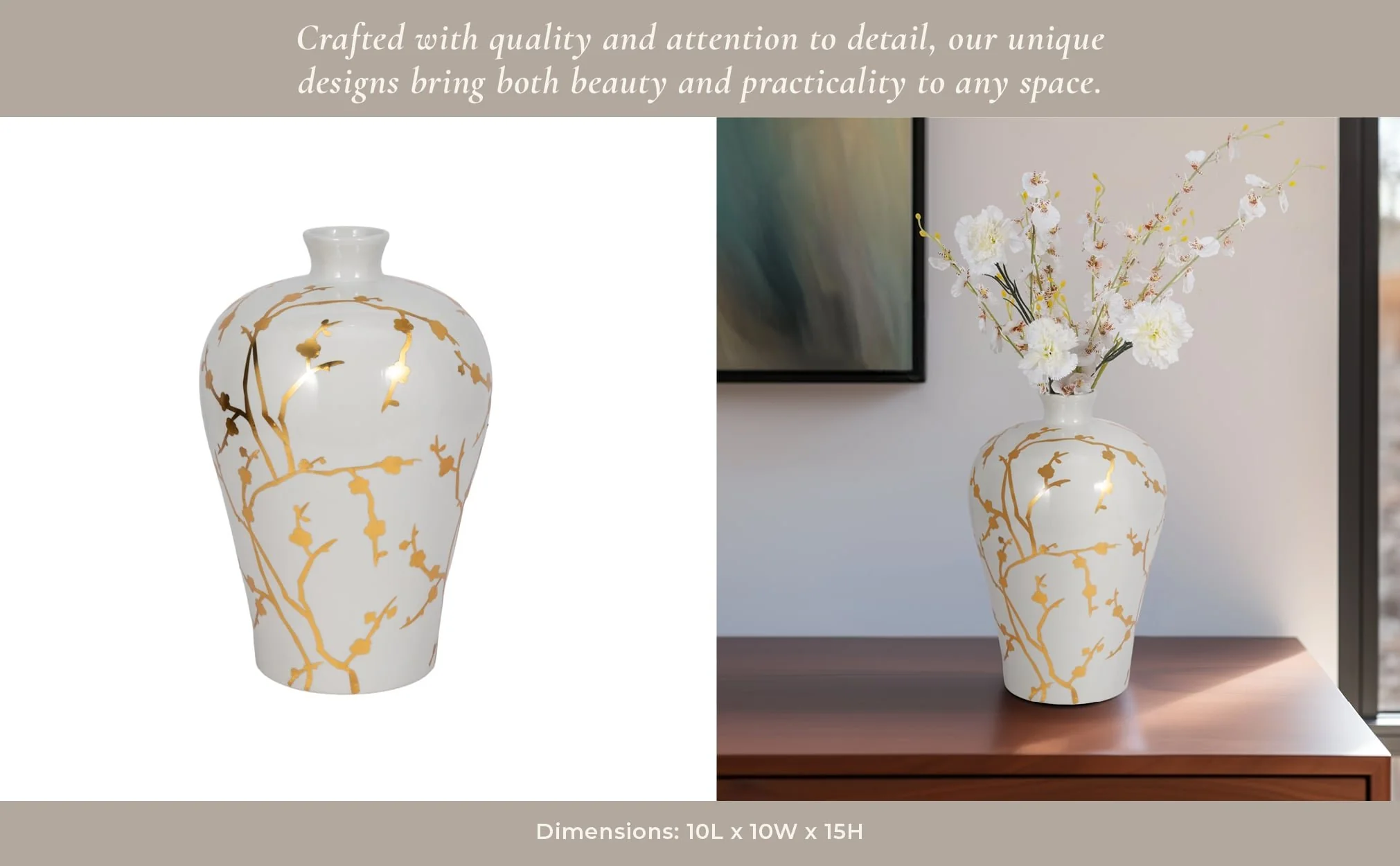 Cer 15"h, Vase W/ Gold Decal, White - Image 11