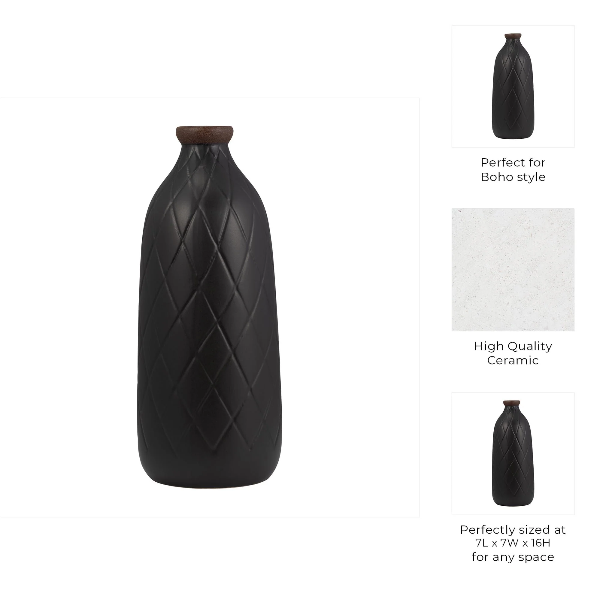 Cer, 16" Plaid Textured Vase, Black - Image 9