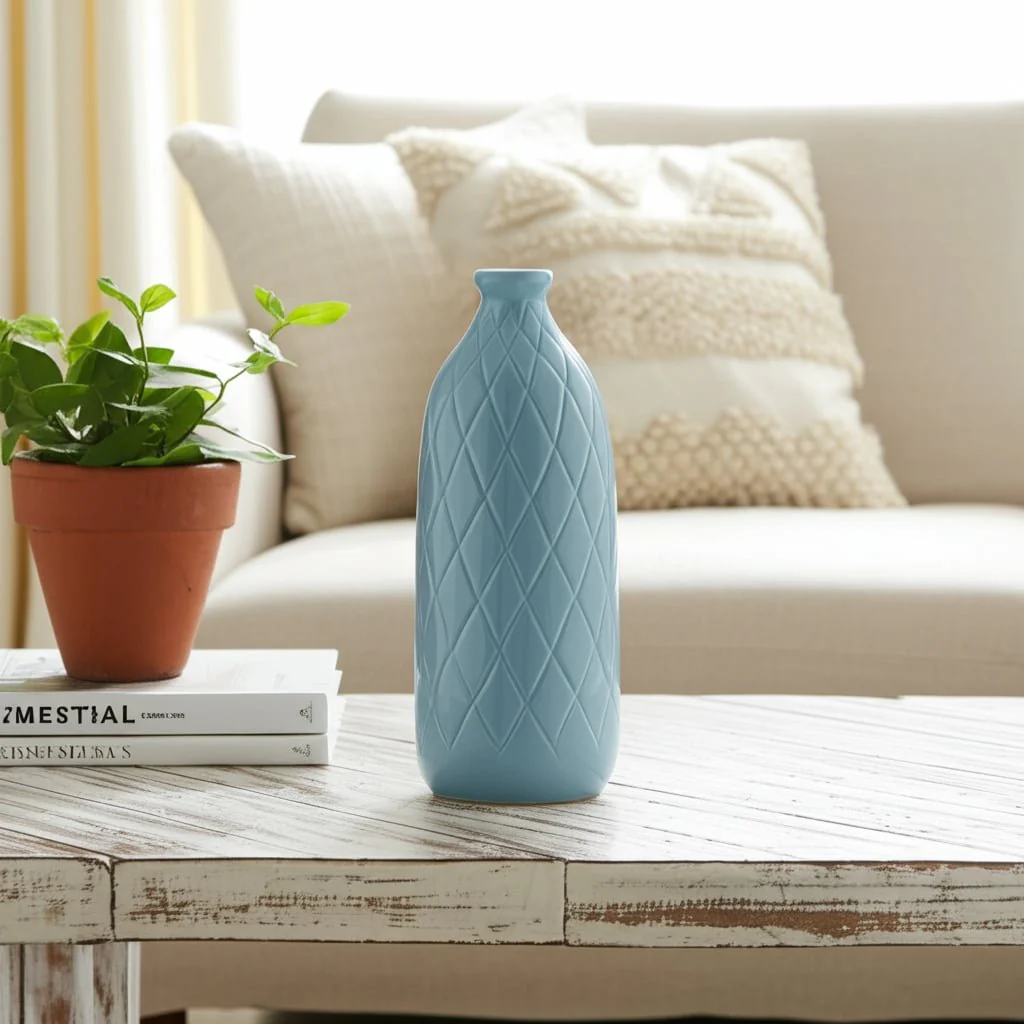 Cer, 16" Plaid Textured Vase, Cameo Blue - Image 14