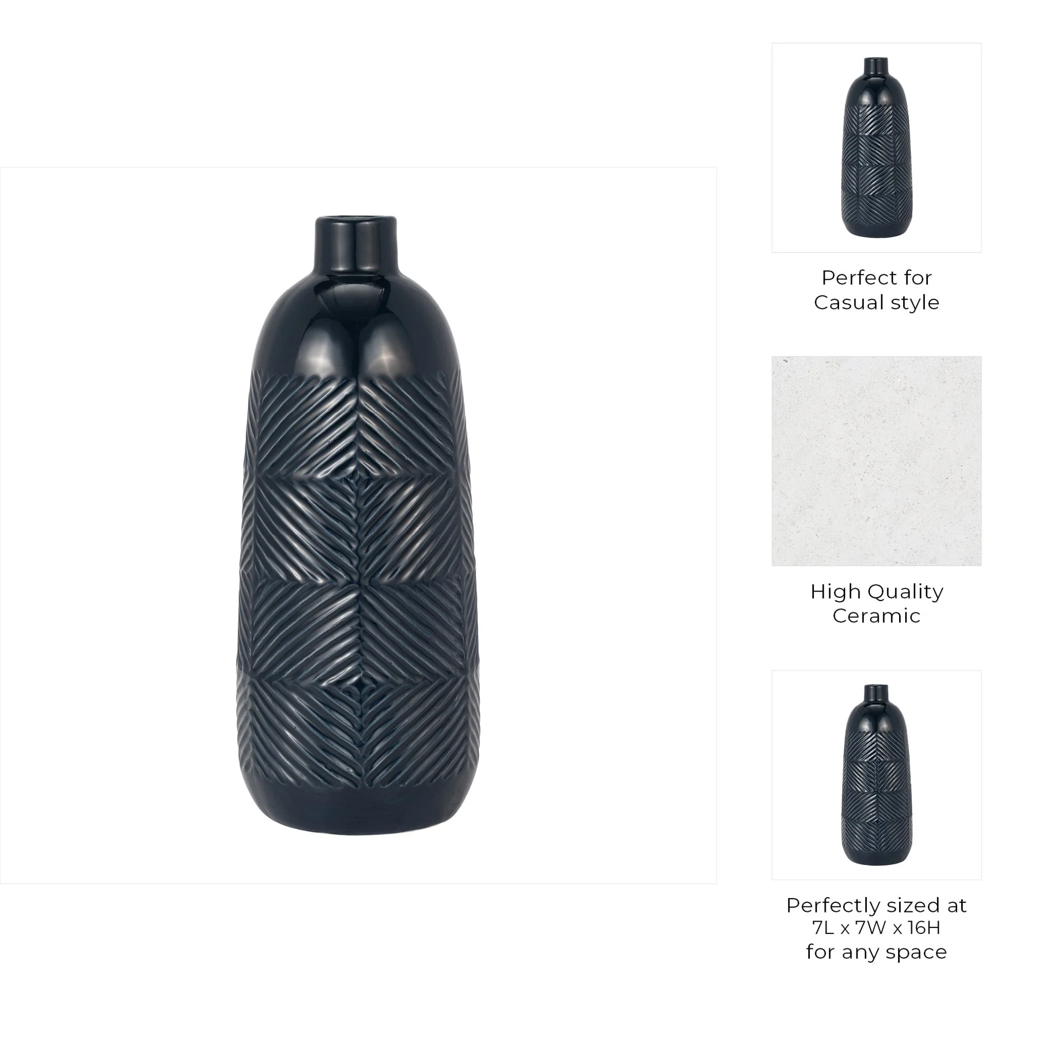 Cer, 16" Textured Lines Vase, Navy - Image 9