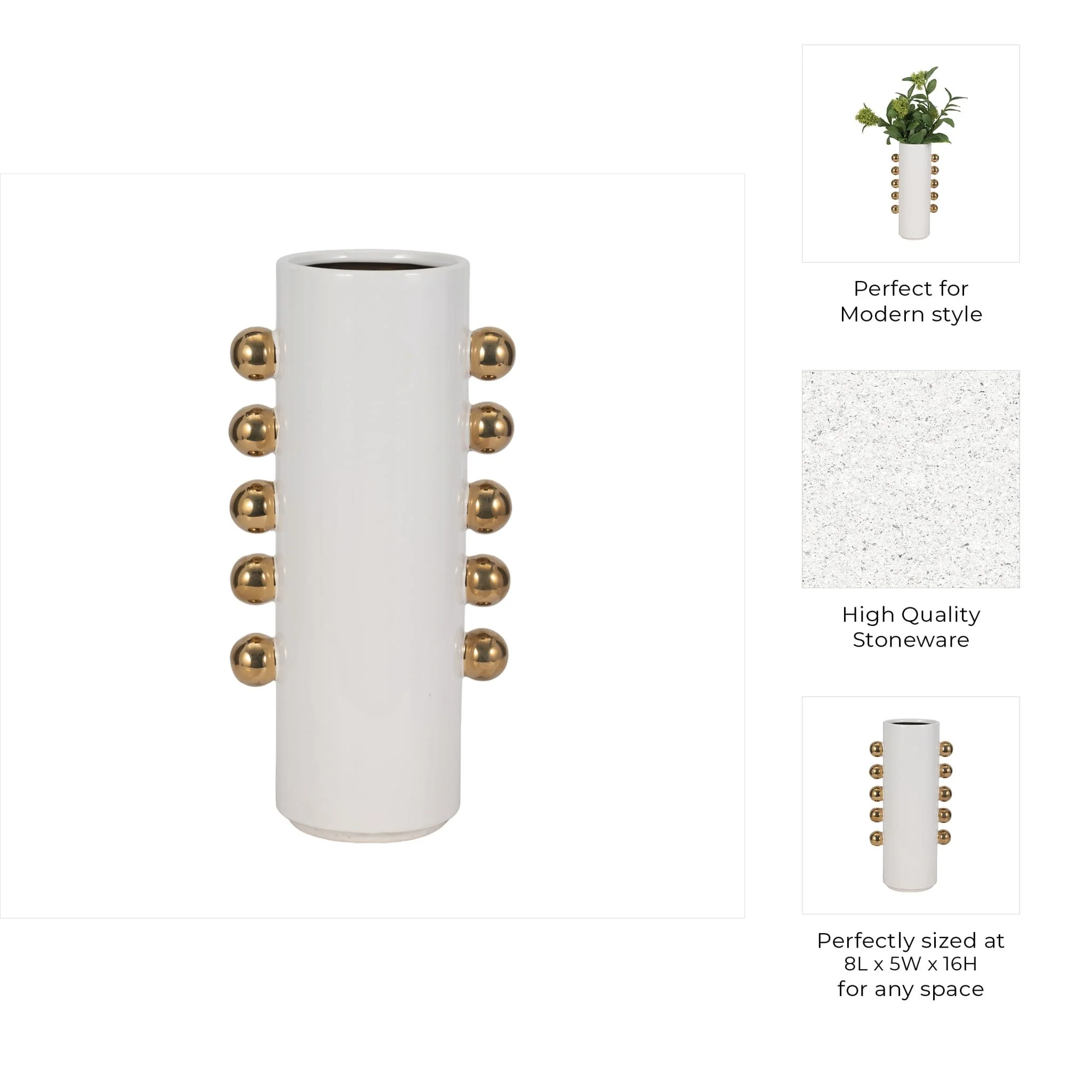 Cer, 16" Vase W/ Side Knobs, White/gold - Image 10