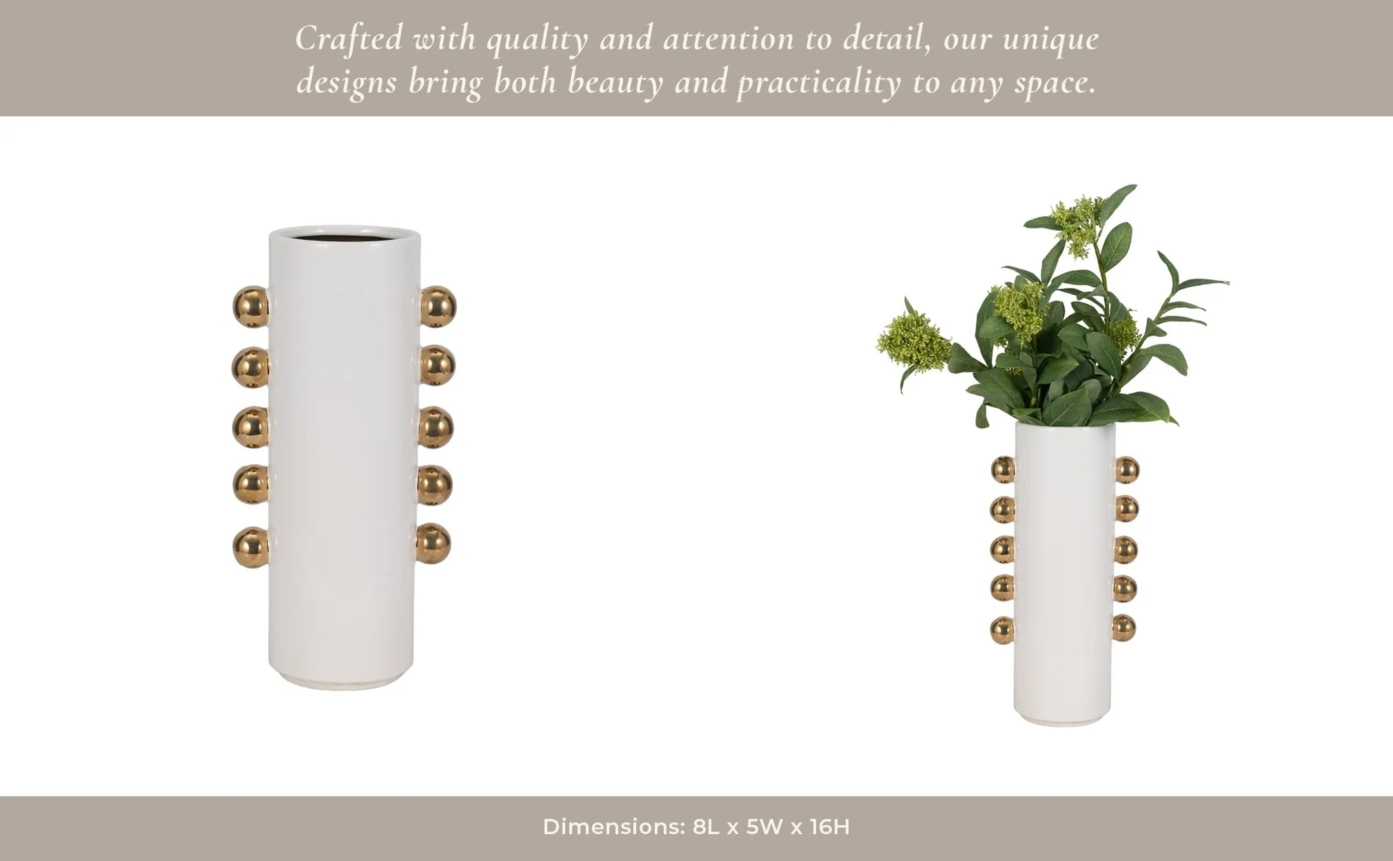Cer, 16" Vase W/ Side Knobs, White/gold - Image 14