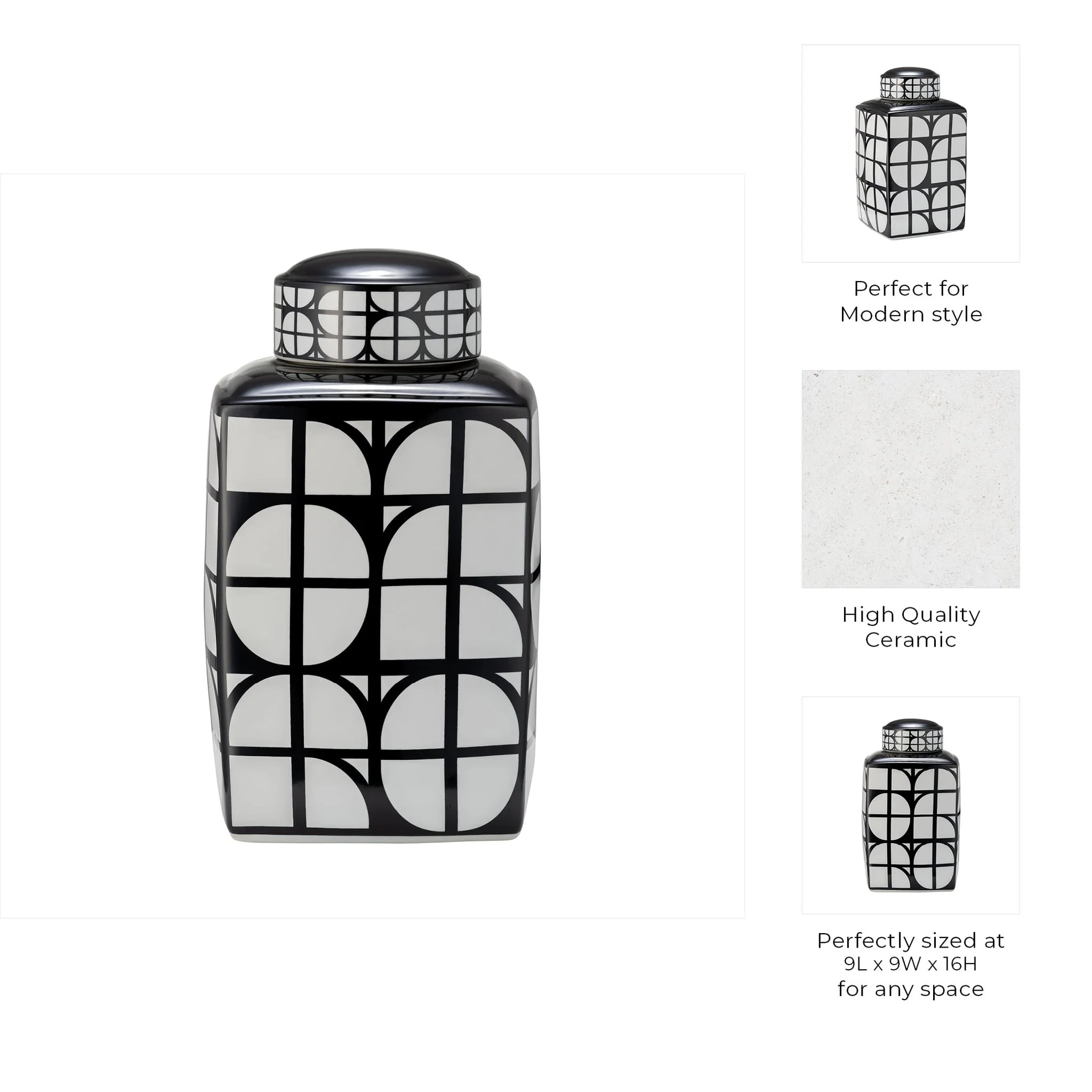 Cer, 16"h Square Jar W/ Lid, Black/white - Image 4