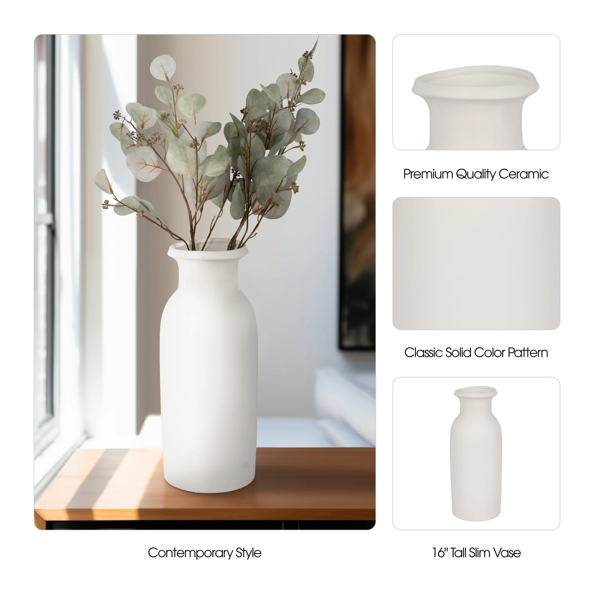 Cer, 16"h Tall Slim Vase, White - Image 8