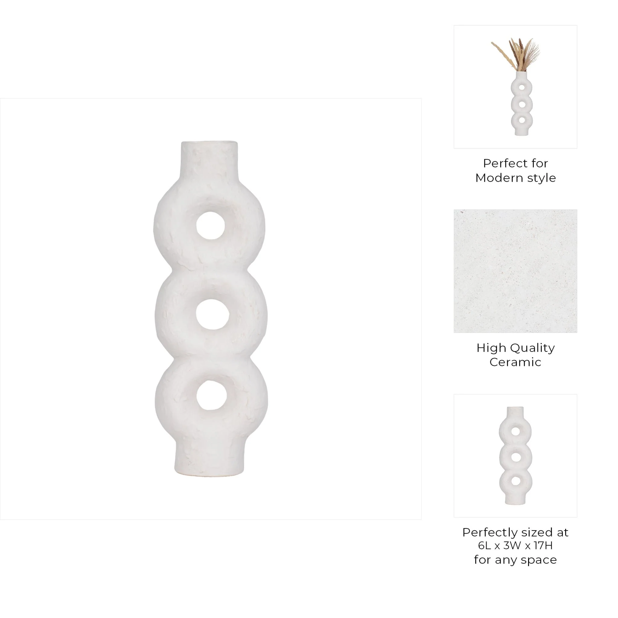 Cer, 17" Textured Stacked Circles Vase, White - Image 9